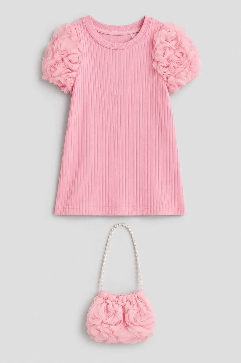 VESTIDO ROSADO CON MANGAS DE FLORES Y CARTERA — vestido para niña