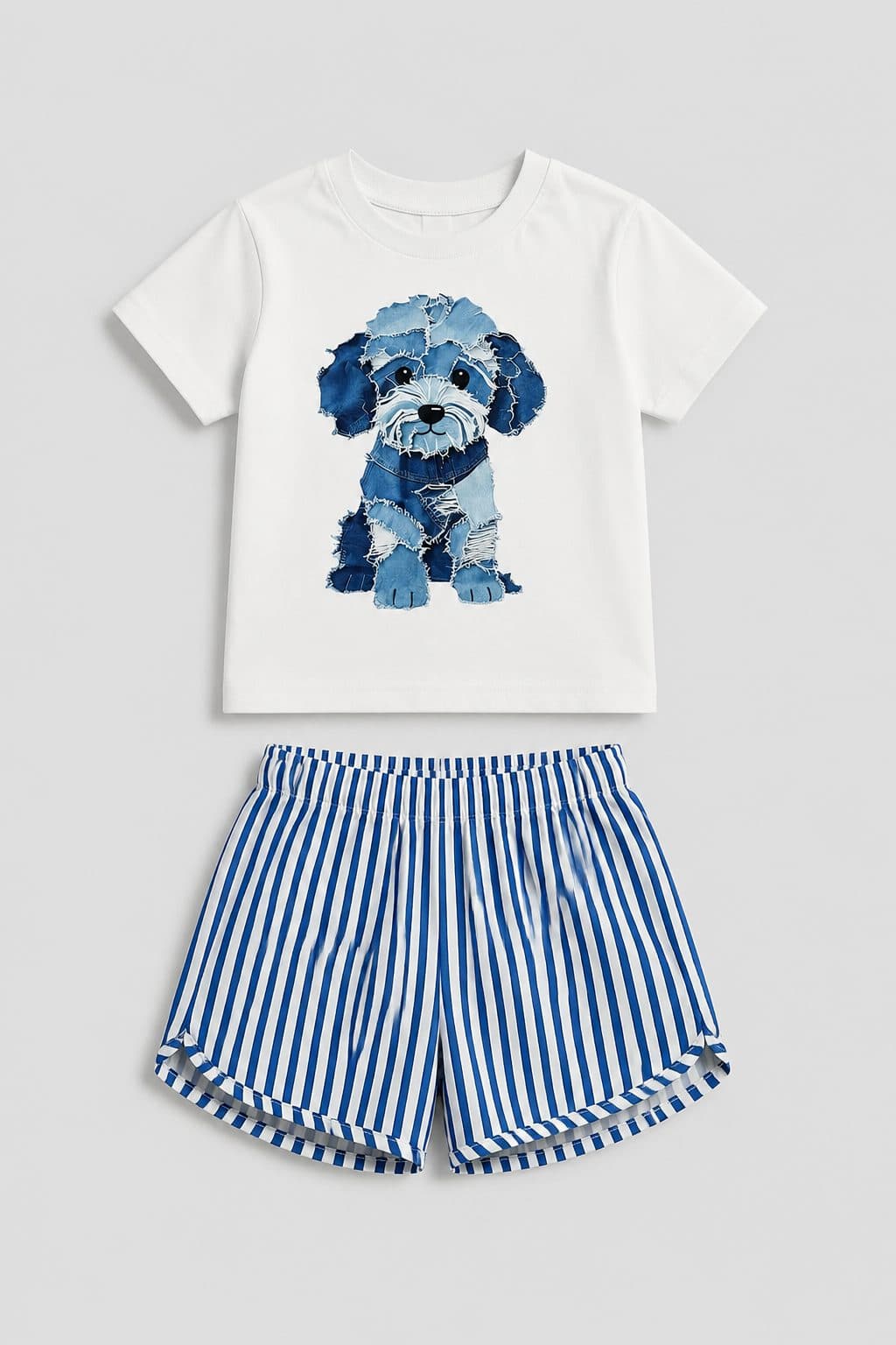CONJUNTO POLO PERRITO Y SHORT A RAYAS AZULES — conjunto para niña