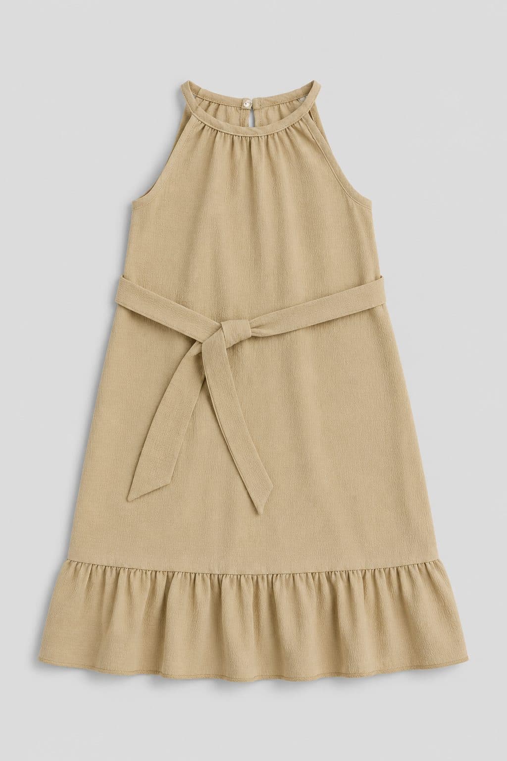 VESTIDO BEIGE CON CINTURÓN Y VOLANTE — vestido para niña