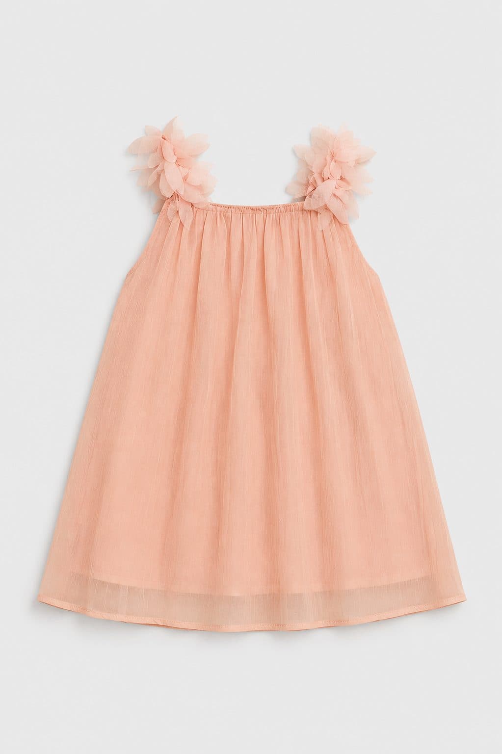 VESTIDO DURAZNO CON TIRANTES DE FLORES — vestido para niña