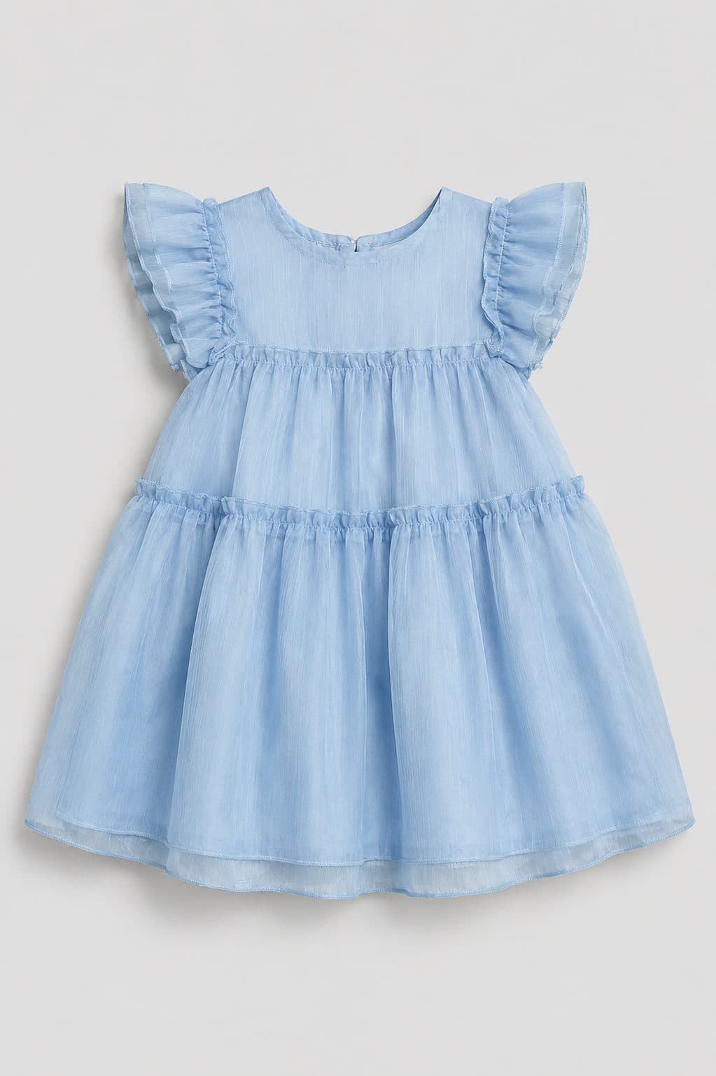 VESTIDO CELESTE CON MANGA VOLANTE — vestido para niña