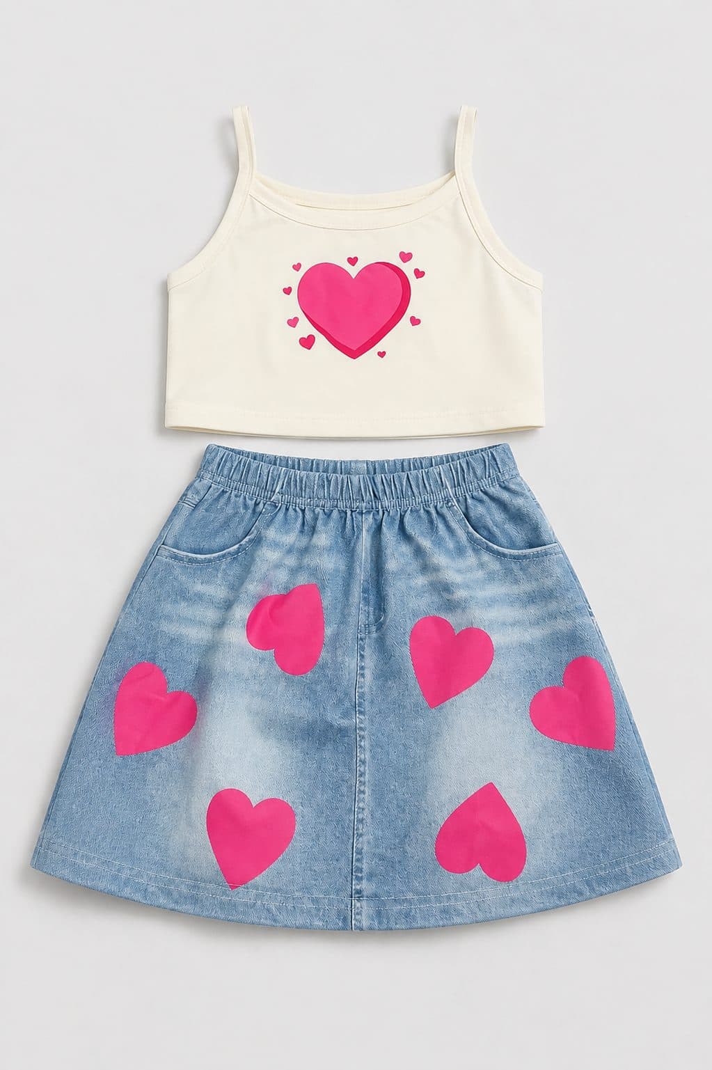 CONJUNTO TOP CORAZÓN Y FALDA DENIM CON CORAZONES — conjunto para niña