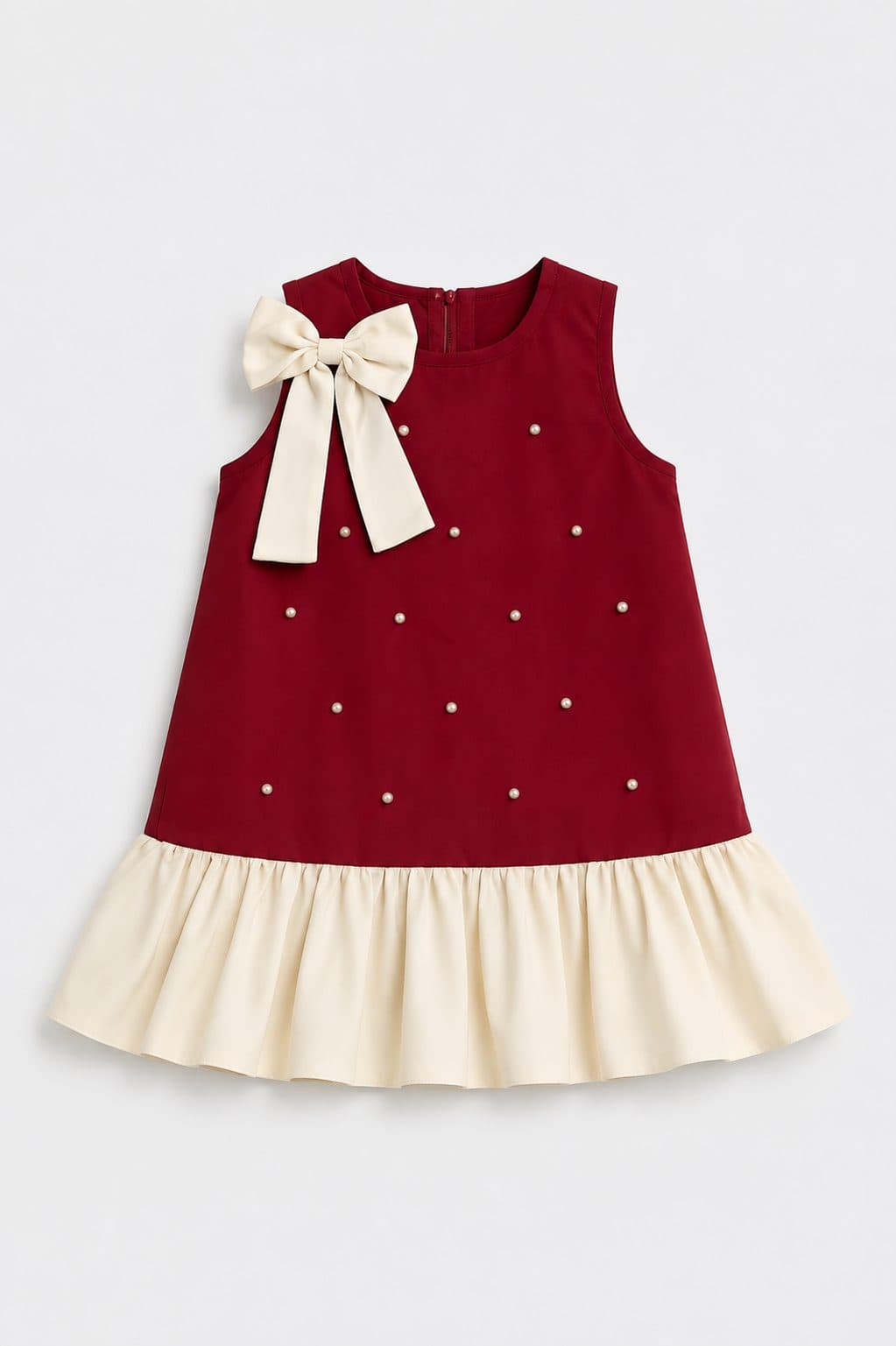 VESTIDO VINO CON MOÑO Y PERLAS — vestido para niña
