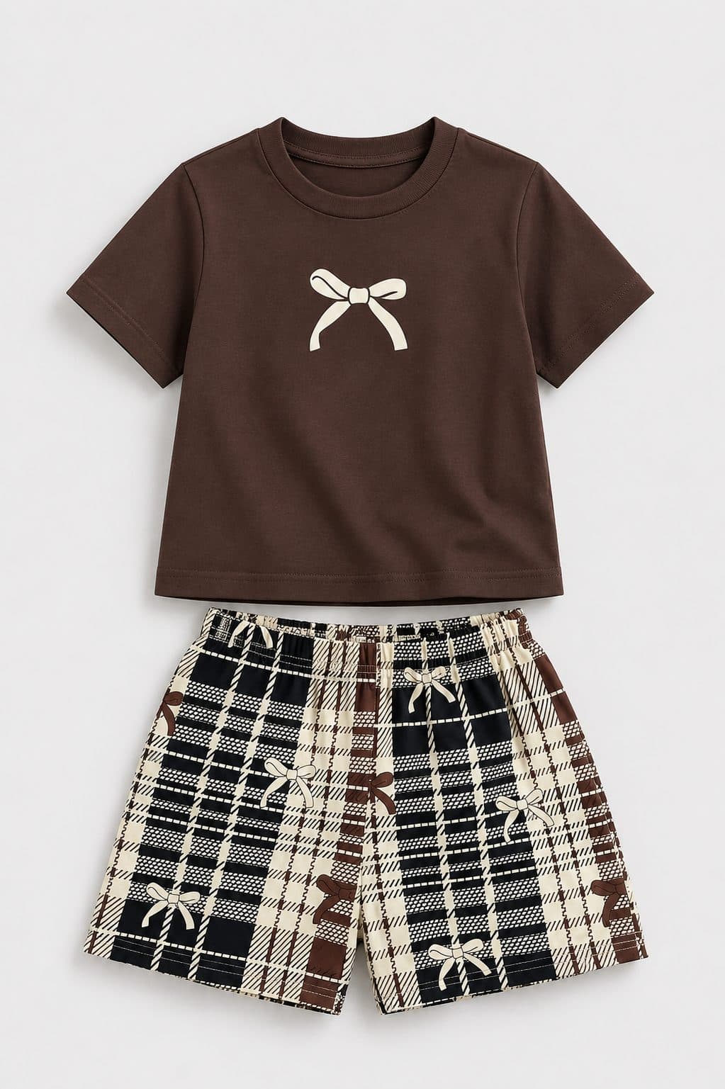 CONJUNTO POLO MARRÓN Y SHORT A CUADROS CON MOÑOS — conjunto para niña