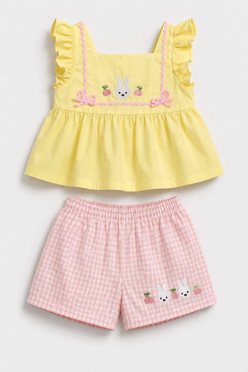 CONJUNTO BLUSA AMARILLA CONEJITO Y SHORT A CUADROS — conjunto para niña