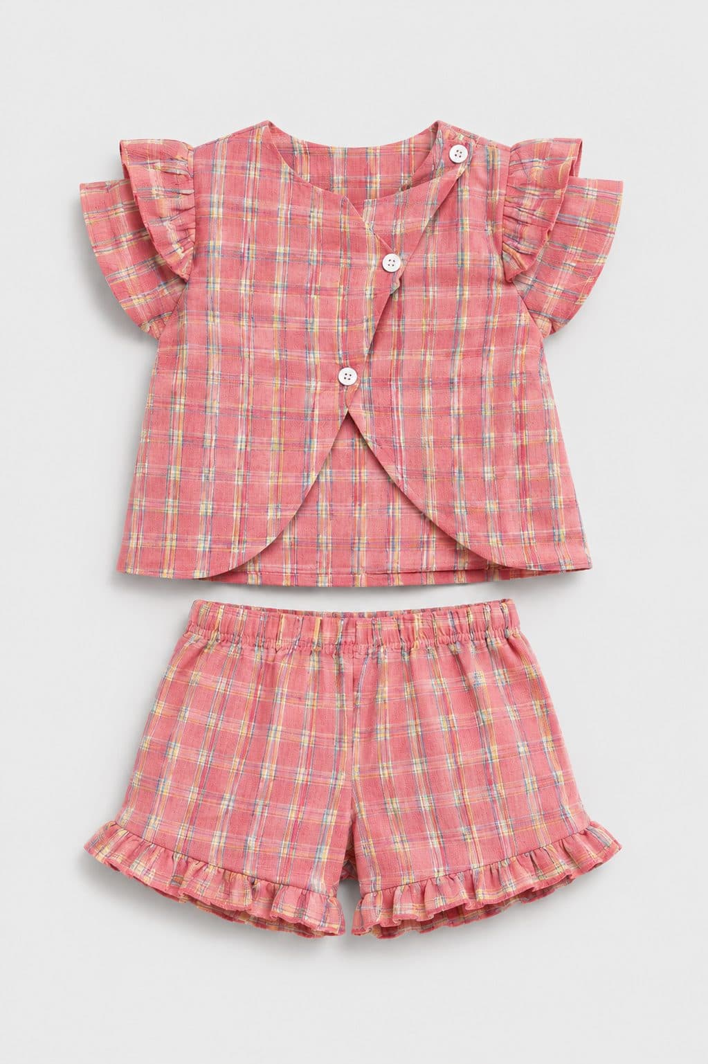 CONJUNTO BLUSA CRUZADA Y SHORT A CUADROS ROSADO — conjunto para niña