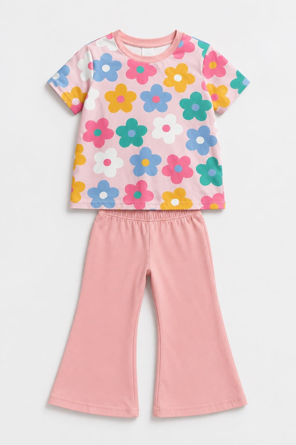 CONJUNTO POLO FLORES Y PANTALÓN CAMPANA ROSADO — conjunto para niña