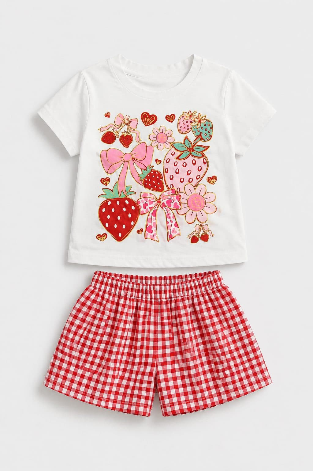 CONJUNTO POLO FRESAS Y SHORT A CUADROS ROJO — conjunto para niña