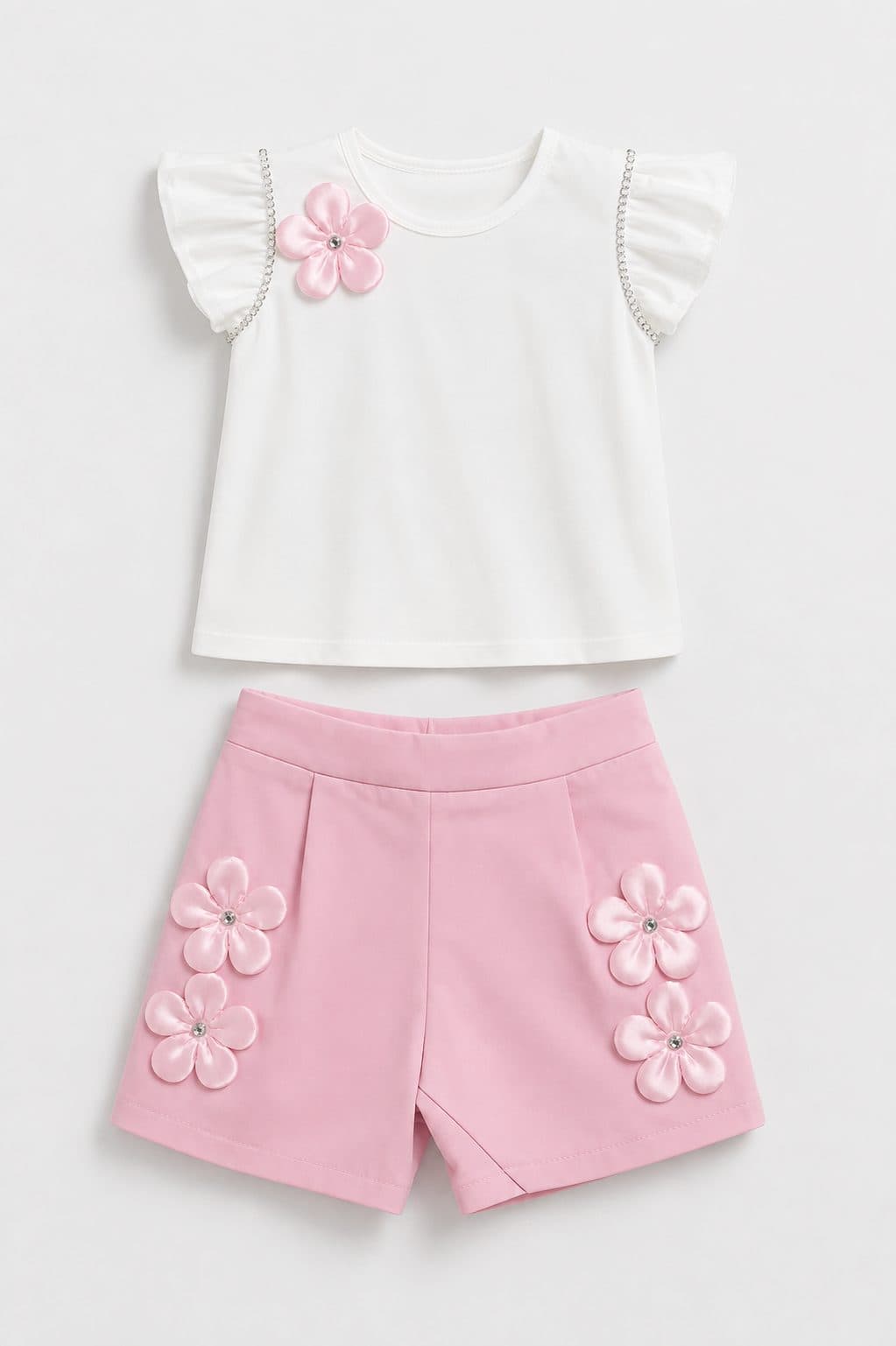CONJUNTO BLUSA BLANCA CON FLOR Y SHORT ROSADO — conjunto para niña