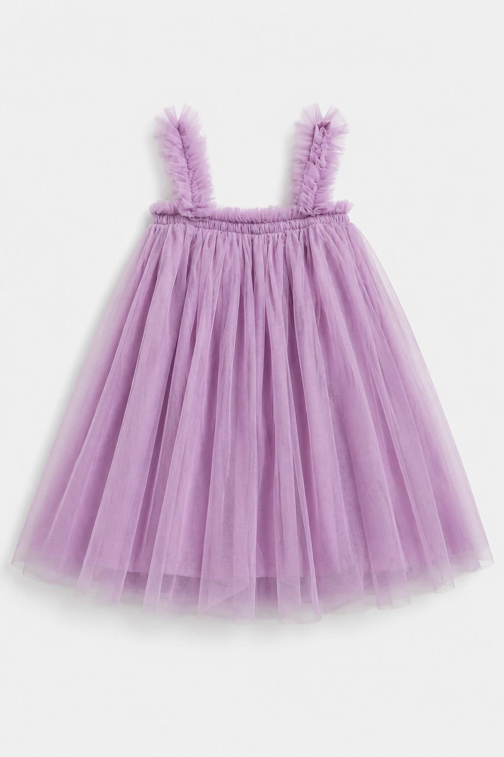 VESTIDO DE TUL LILA CON TIRANTES VOLANTE — vestido para niña