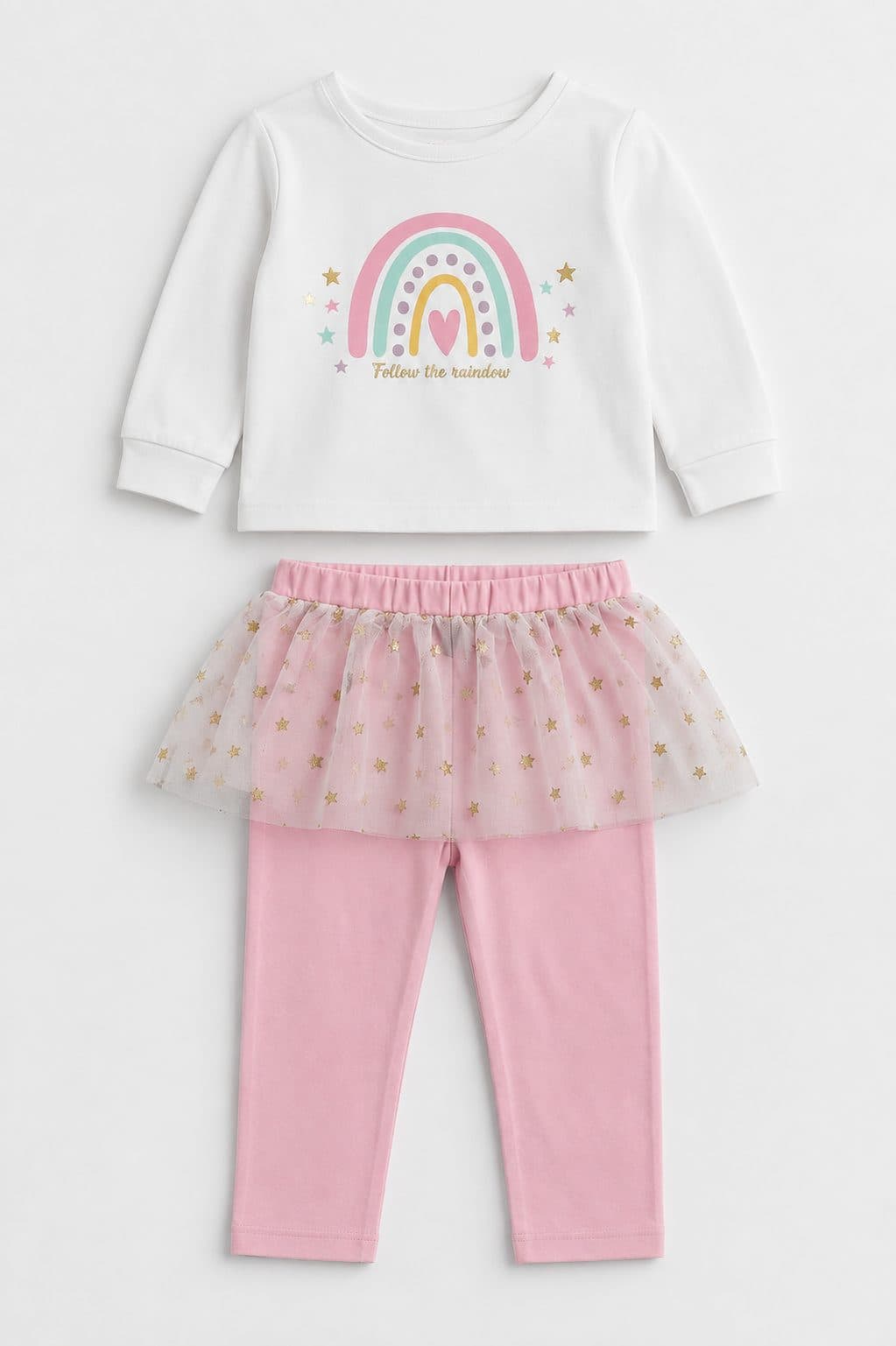 CONJUNTO POLO ARCOÍRIS Y PANTALÓN CON FALDA DE TUL — conjunto para niña
