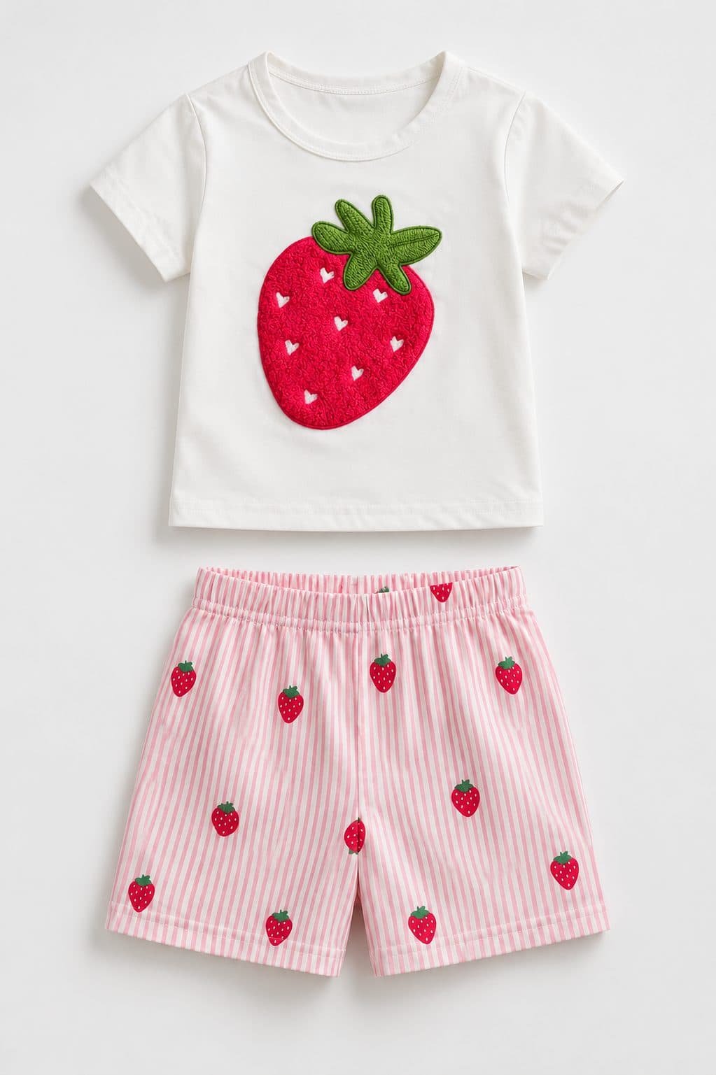 CONJUNTO POLO FRESA BORDADA Y SHORT A RAYAS — conjunto para niña
