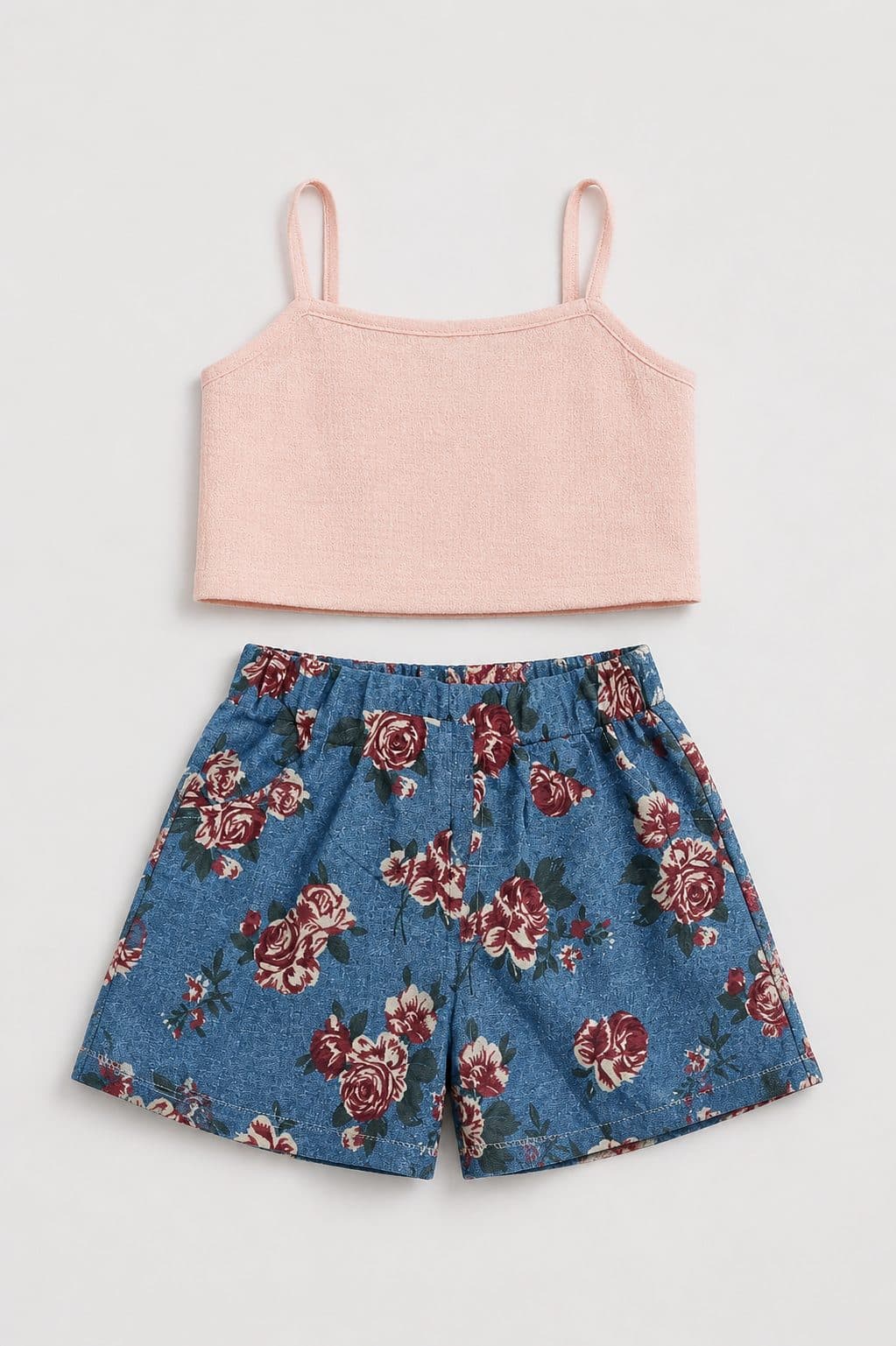 CONJUNTO TOP ROSADO Y SHORT FLORAL AZUL — conjunto para niña