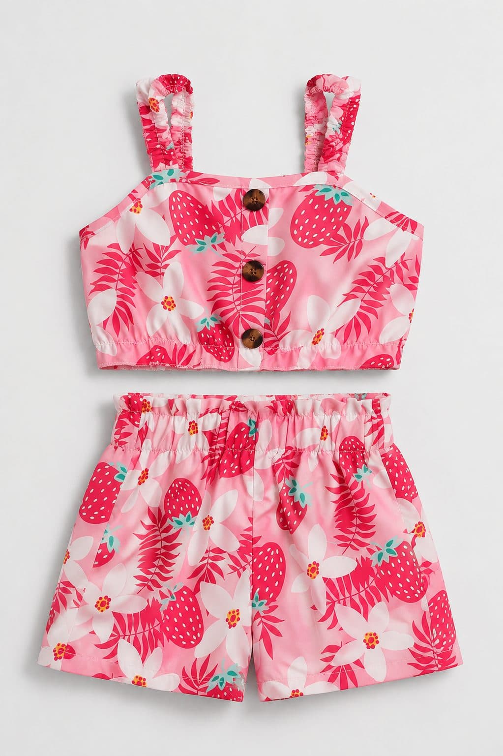 CONJUNTO TOP Y SHORT ESTAMPADO FRESAS TROPICAL — conjunto para niña