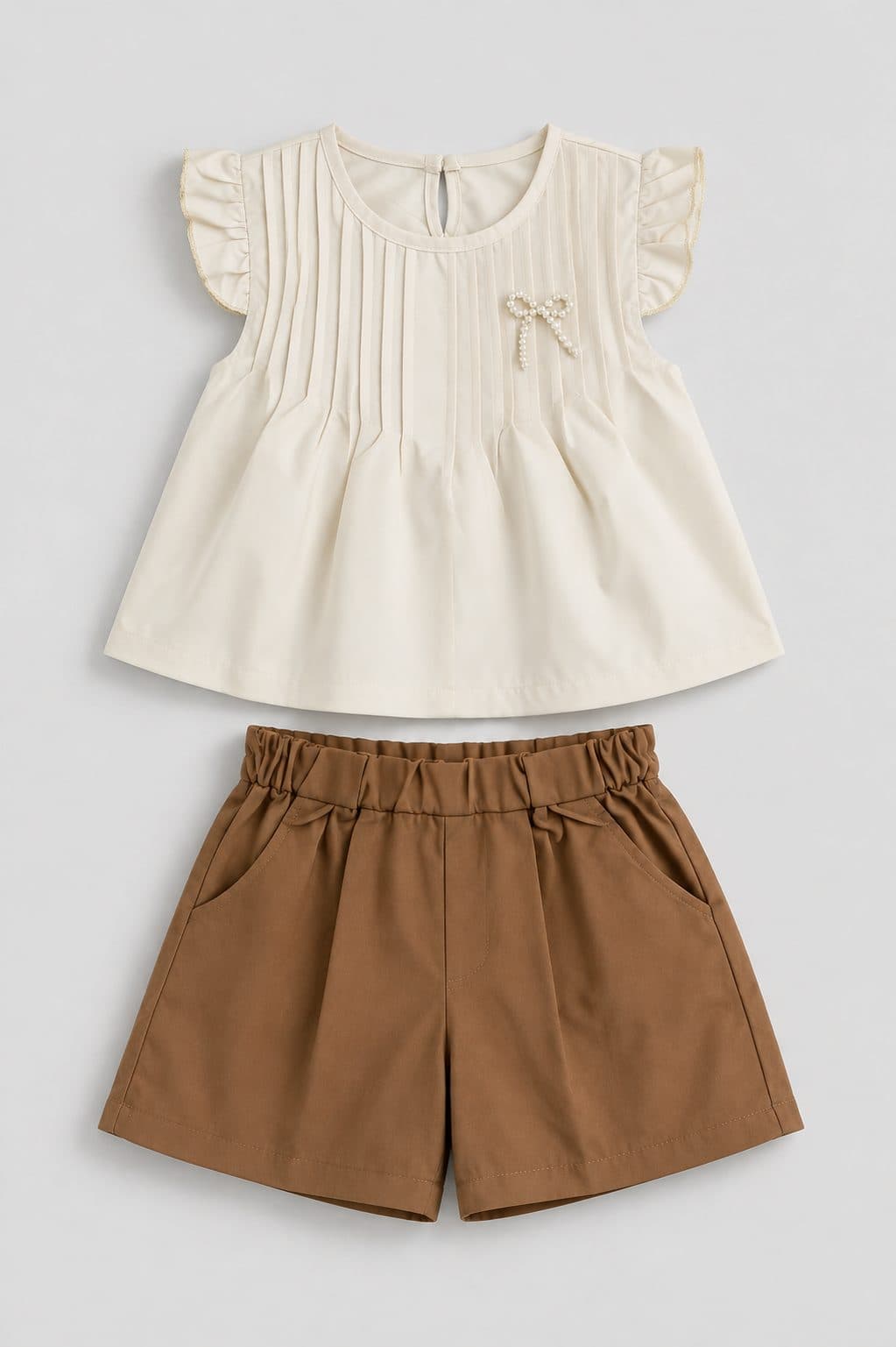 CONJUNTO BLUSA PLISADA CREMA Y SHORT MARRÓN — conjunto para niña