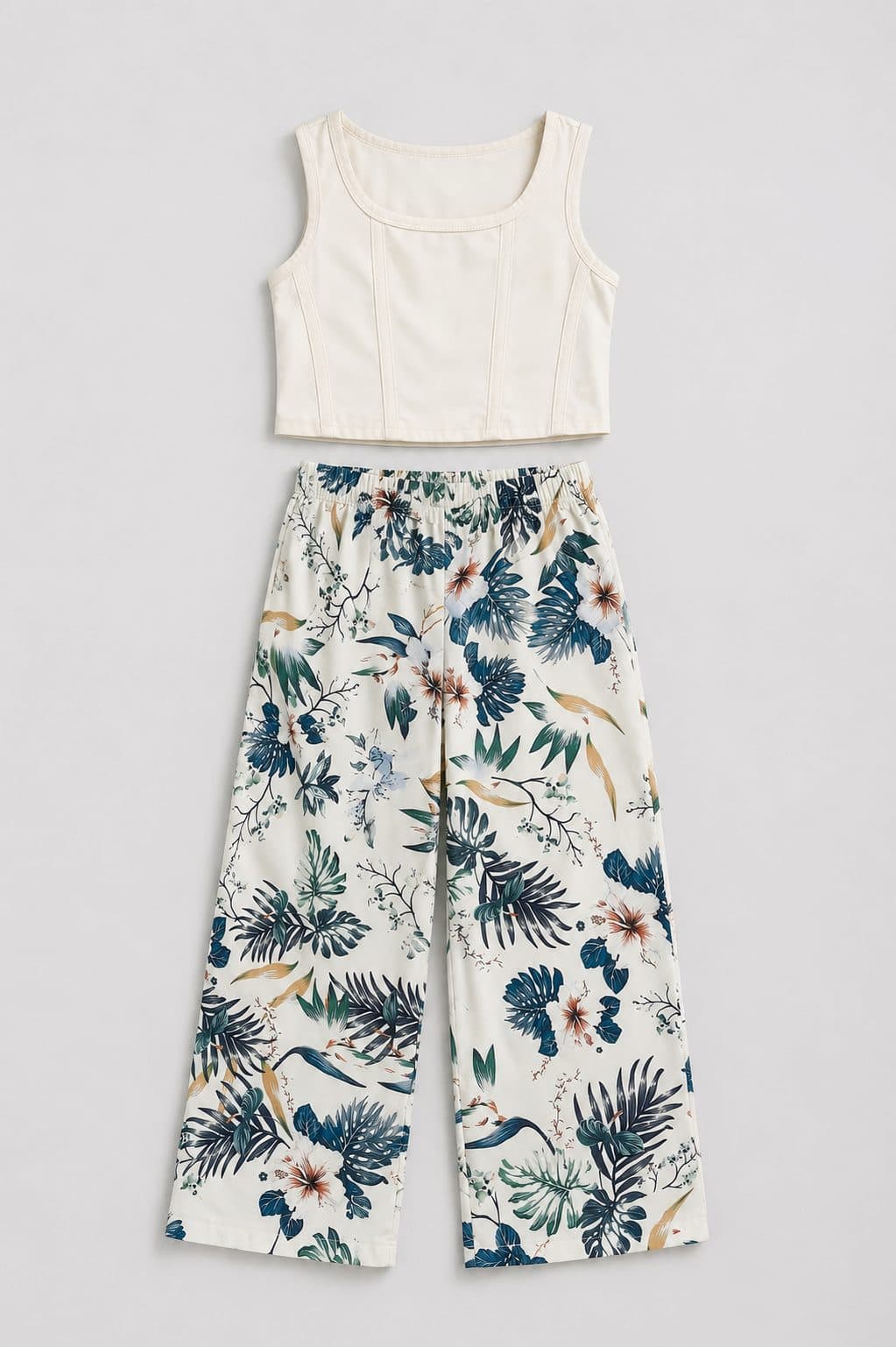 CONJUNTO TOP CREMA Y PANTALÓN FLORAL TROPICAL — conjunto para niña
