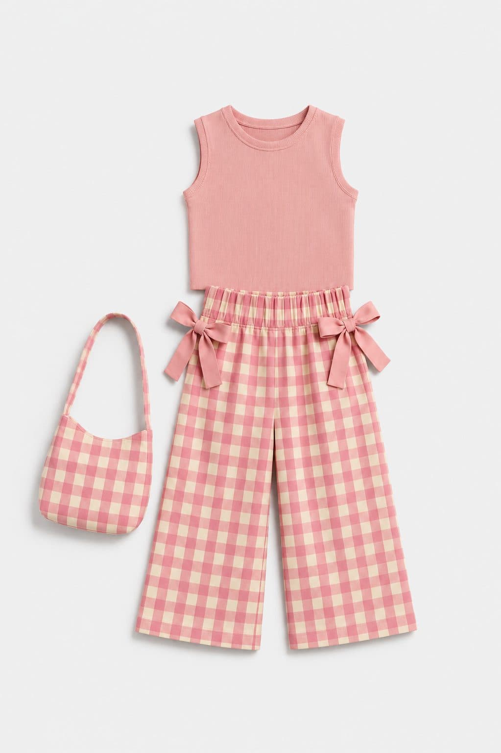 CONJUNTO TOP Y PANTALÓN A CUADROS ROSADO CON CARTERA — conjunto para niña