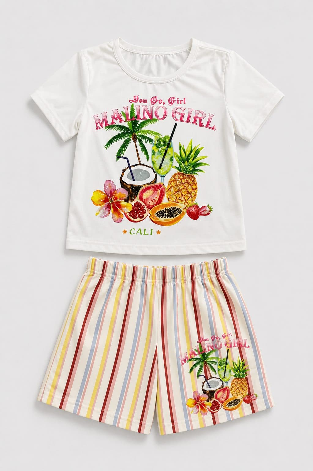 CONJUNTO POLO TROPICAL Y SHORT A RAYAS — conjunto para niña
