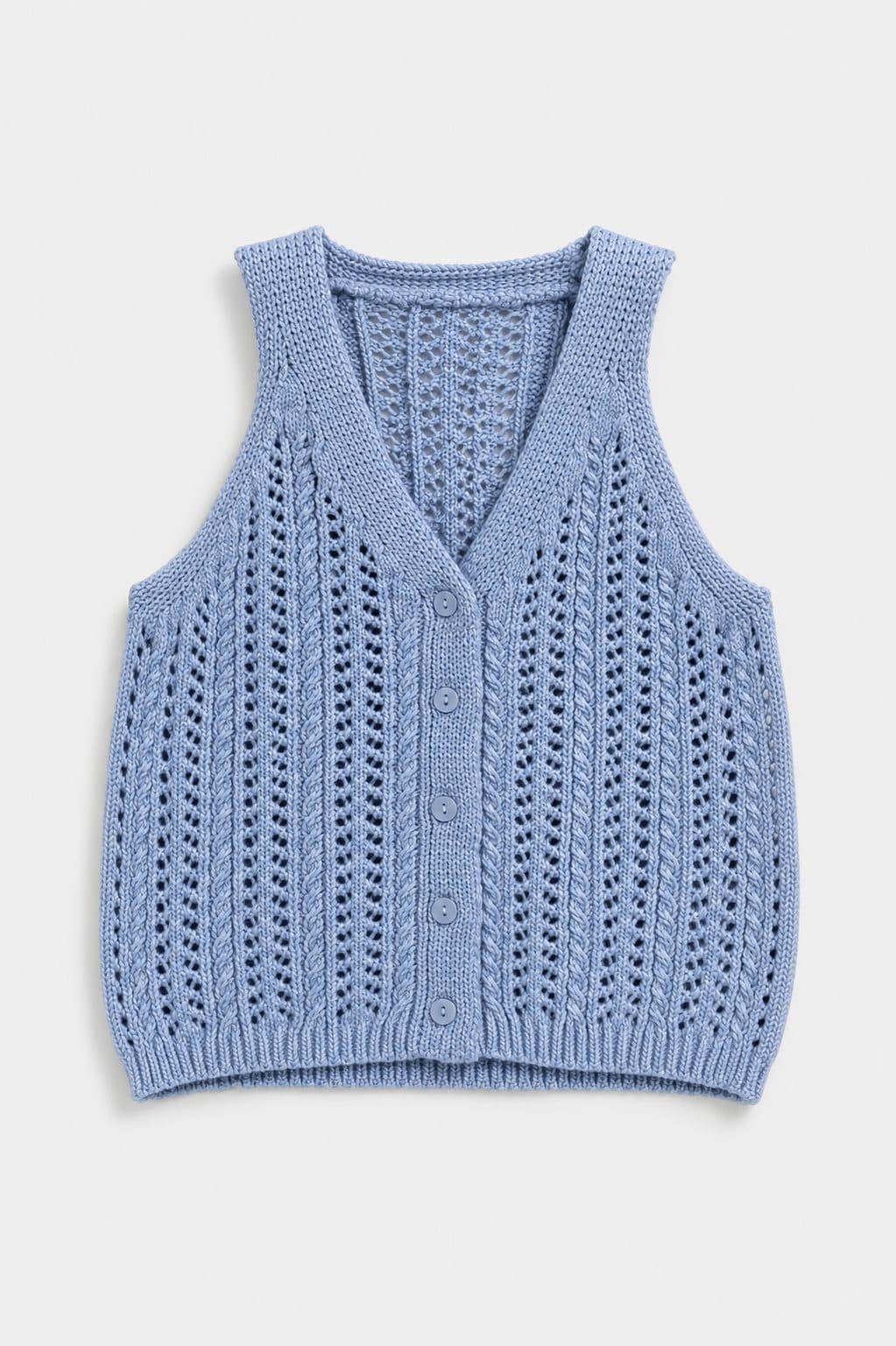 CHALECO TEJIDO CELESTE CALADO — casaca para niña