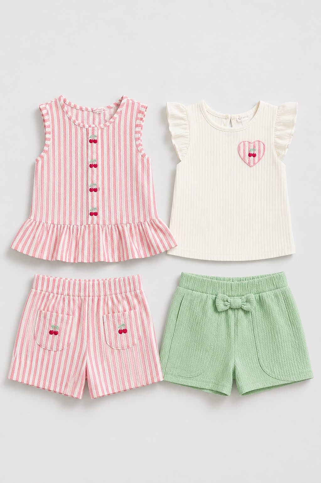 SET 2 CONJUNTOS RAYAS ROSADO Y VERDE CON CEREZAS — ropa importada para niña