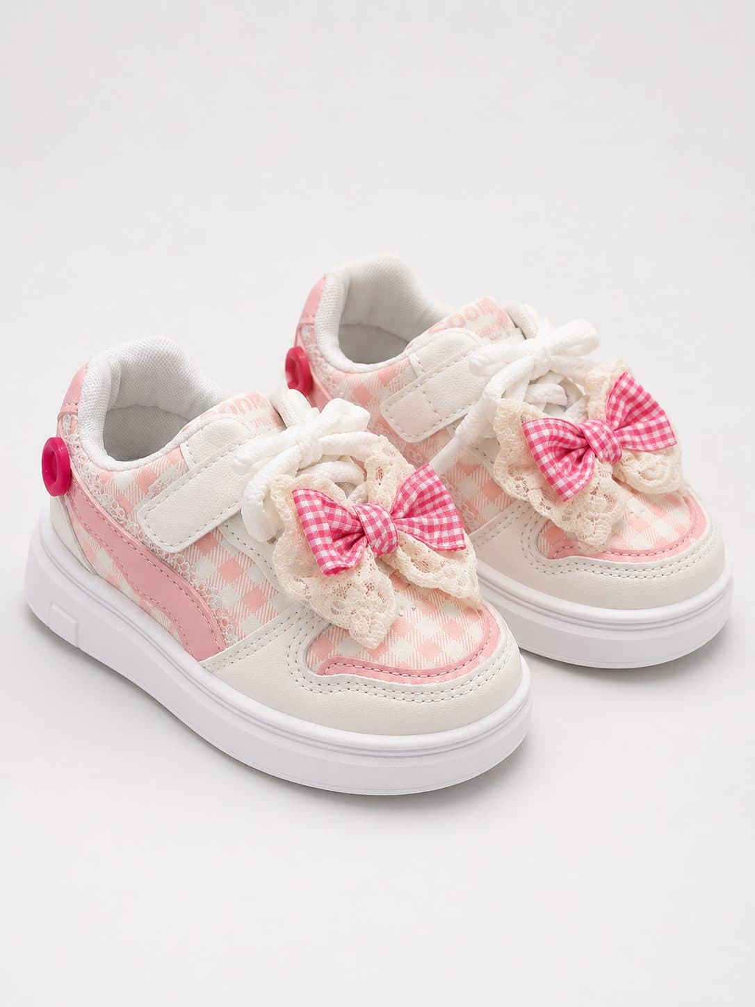 ZAPATILLAS A CUADROS ROSADO CON MOÑO DE ENCAJE — zapatos para niña