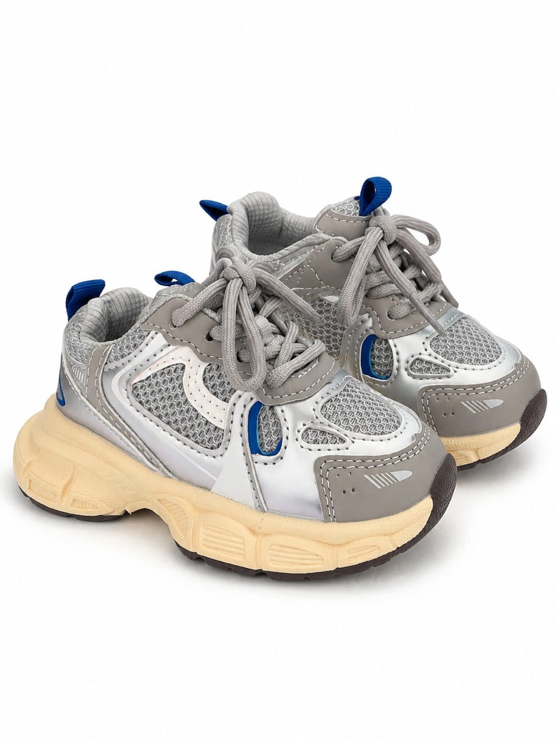 ZAPATILLAS GRIS CON AZUL Y SUELA CREMA — zapatos para niña
