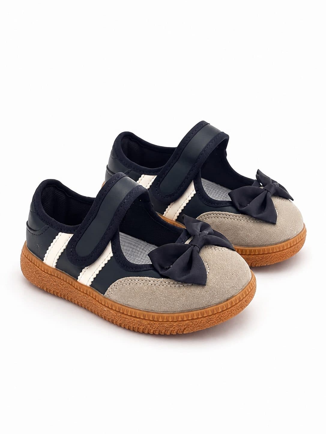 ZAPATOS AZUL MARINO CON GRIS Y MOÑO — zapatos para niña