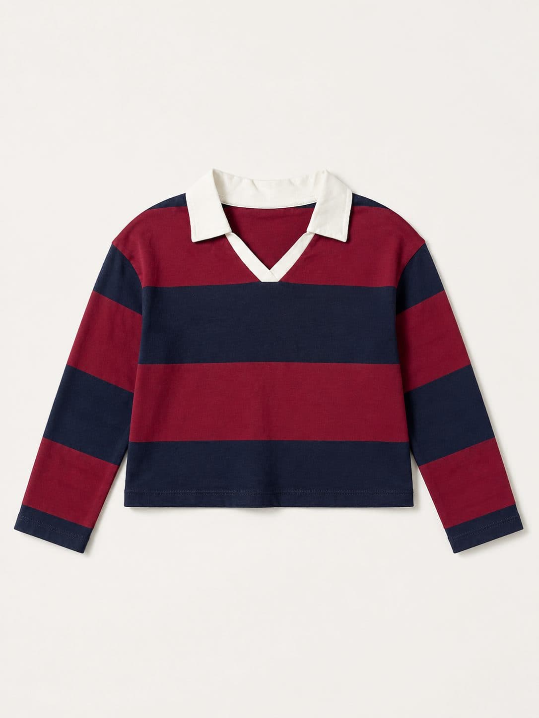 POLO RUGBY A RAYAS VINO Y AZUL CON CUELLO BLANCO — casaca para niña