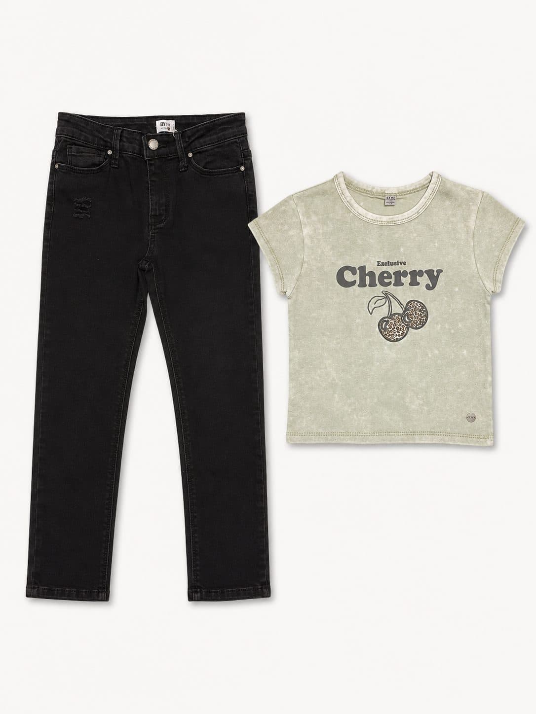 CONJUNTO JEAN NEGRO Y POLERA CREMA ESTAMPADO CHERRY — conjunto para niña