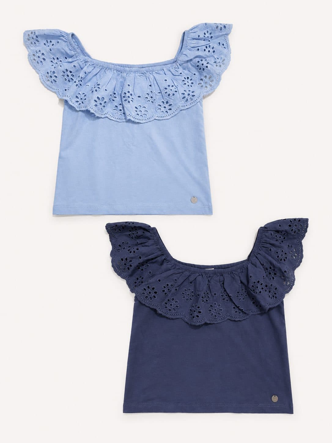BLUSA HOMBROS CAÍDOS CON ENCAJE — CELESTE Y AZUL MARINO — conjunto para niña