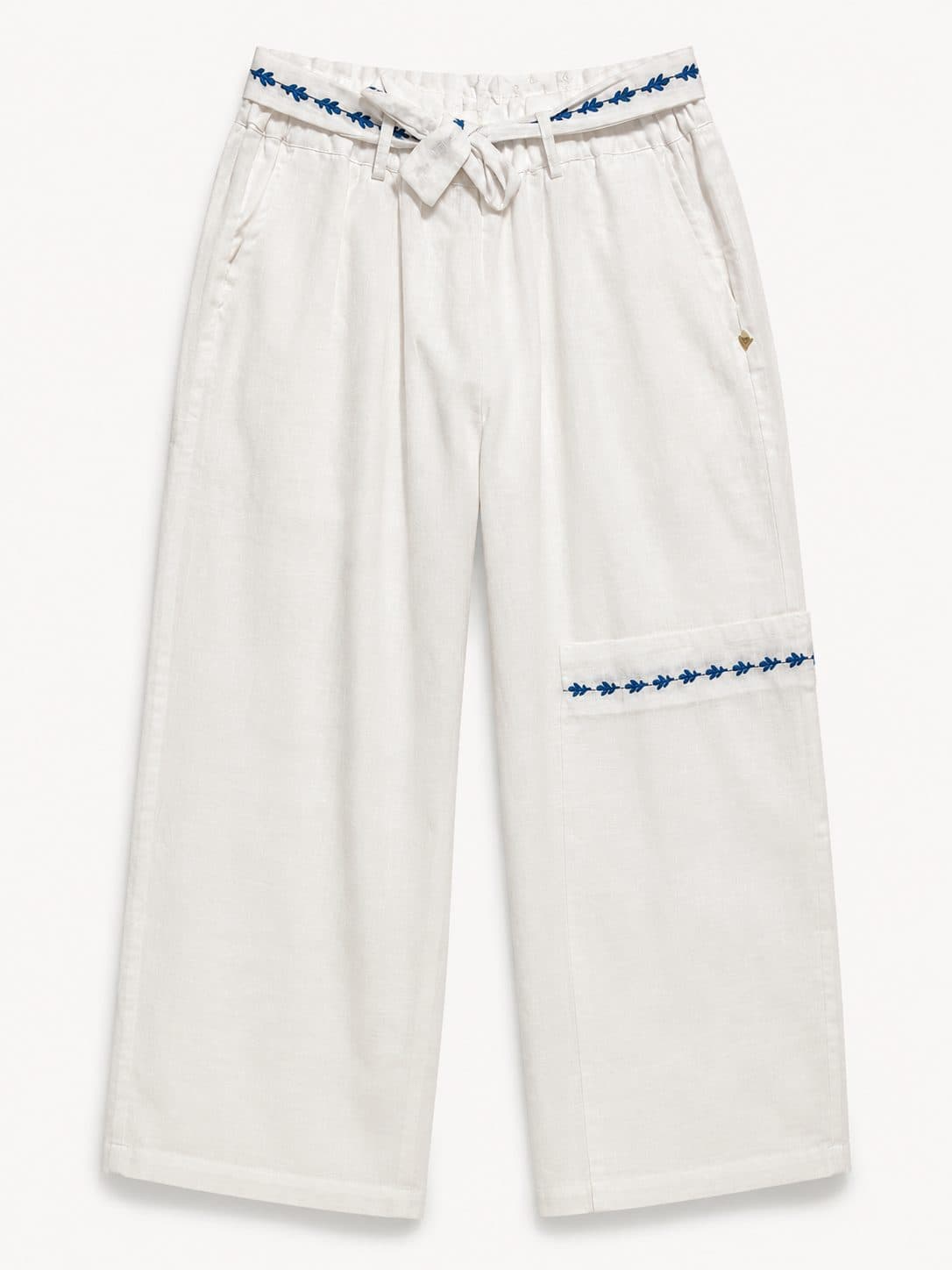 PANTALÓN BLANCO DE LINO CON CINTURÓN BORDADO AZUL — pantalón para niña