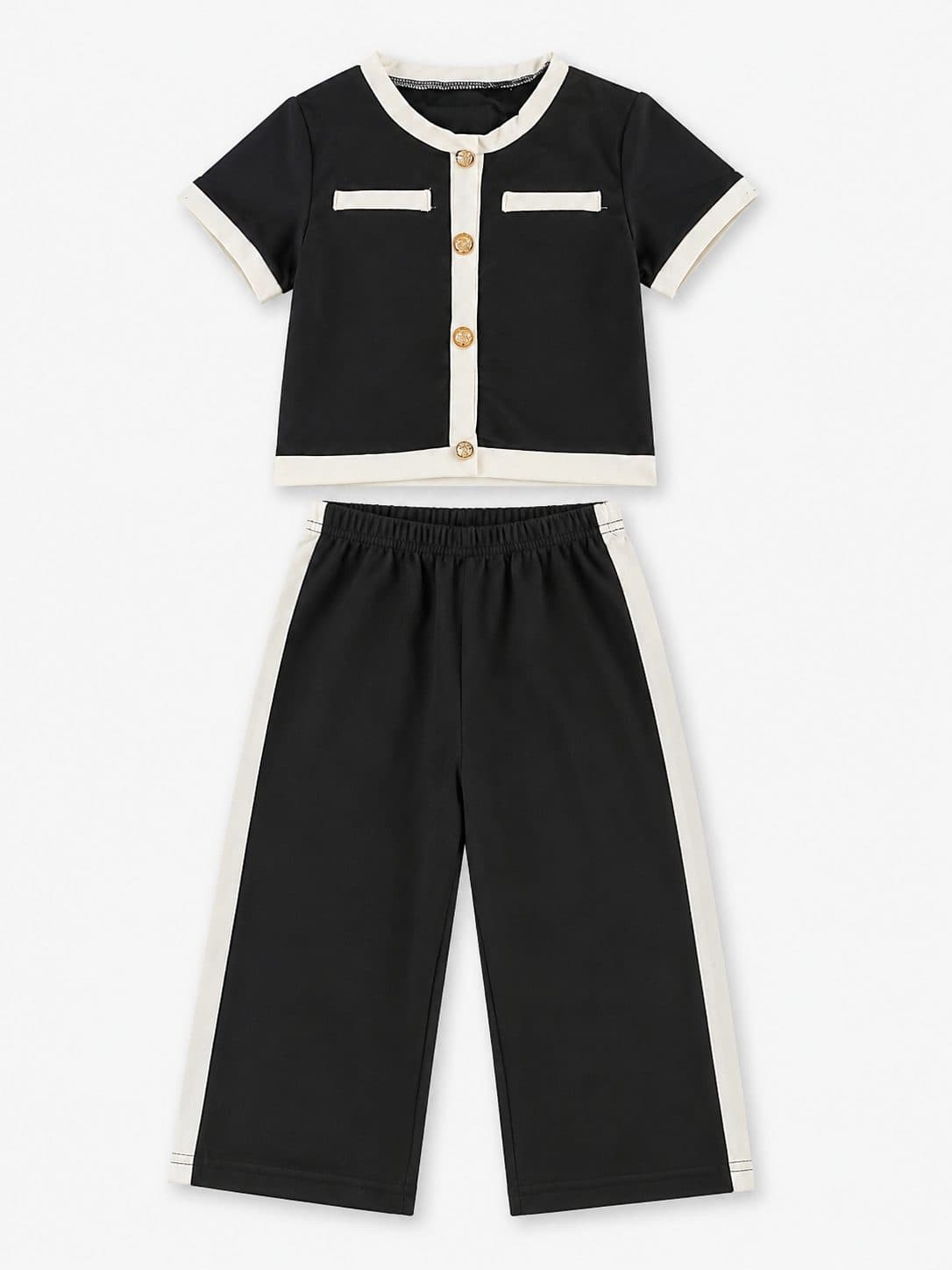 CONJUNTO BLAZER Y PANTALÓN NEGRO CON RIBETE BLANCO — conjunto para niña