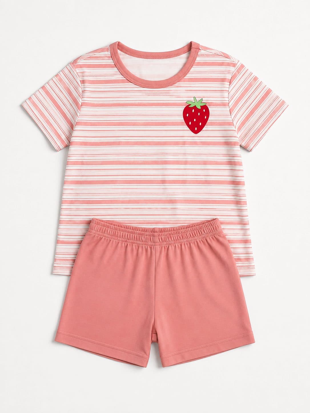 CONJUNTO POLO Y SHORT RAYADO ROSADO CON FRESA — conjunto para niña
