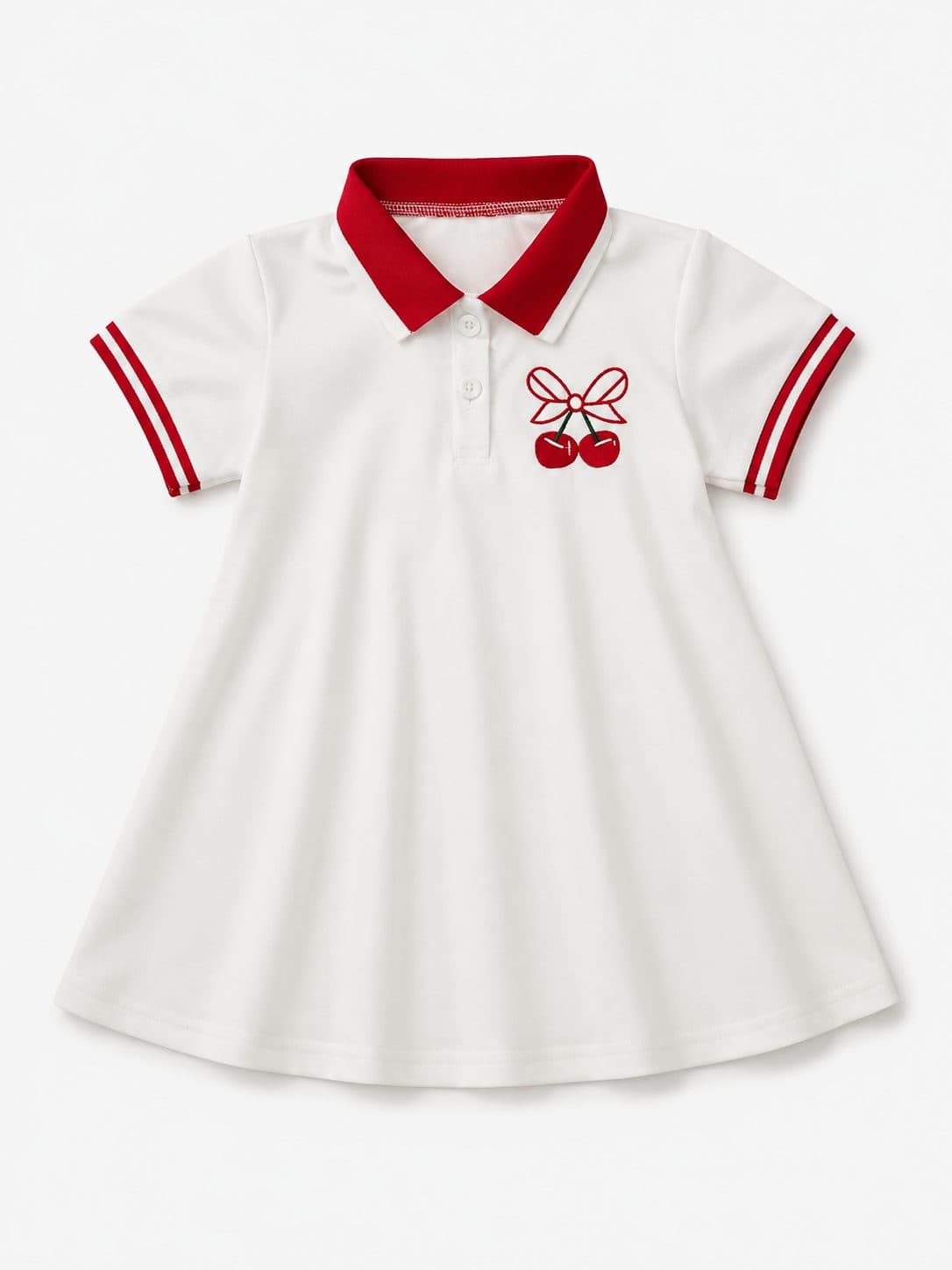 VESTIDO POLO BLANCO CON CUELLO ROJO Y CEREZAS — vestido para niña