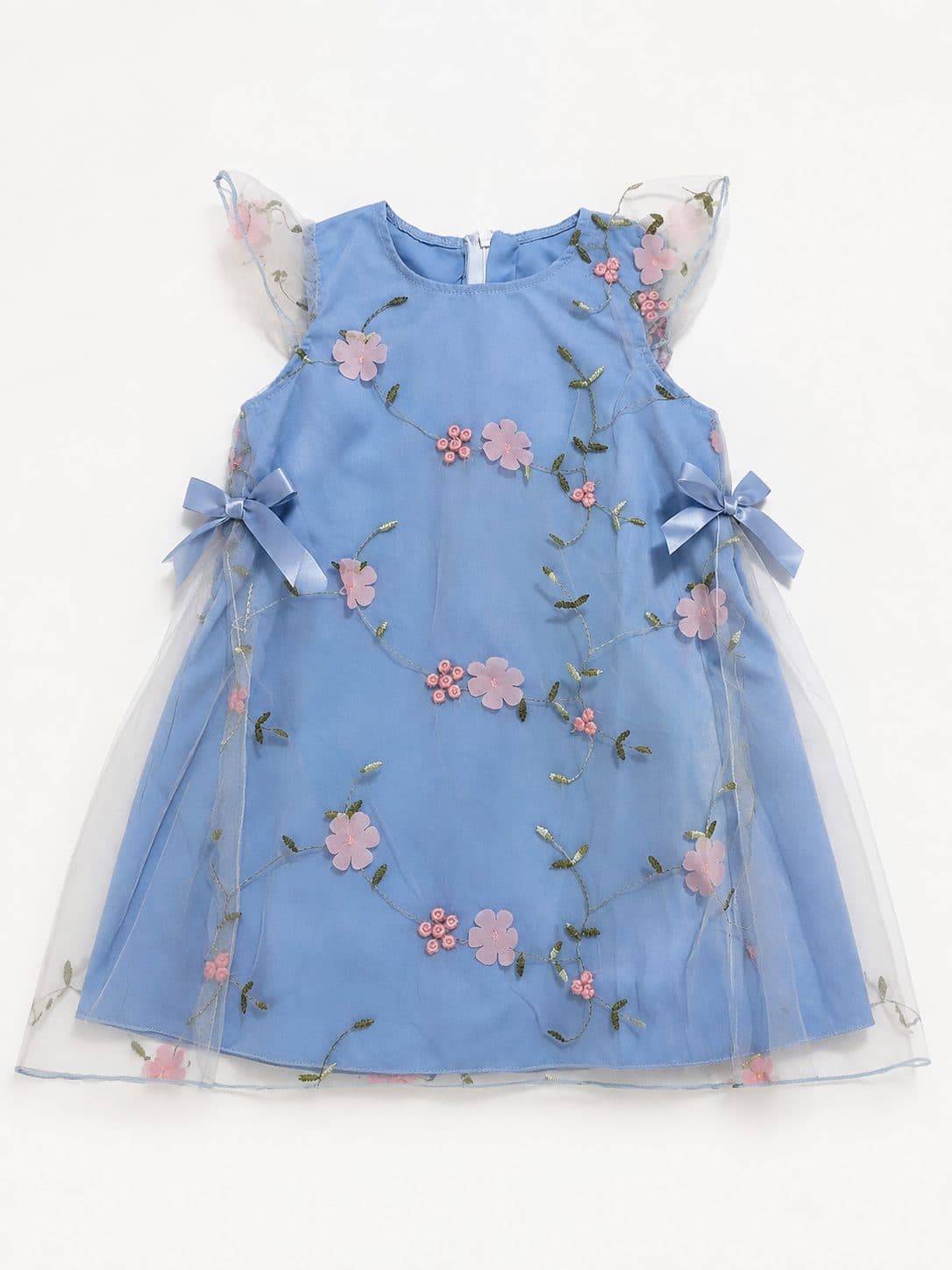 VESTIDO CELESTE DE TUL BORDADO FLORAL — vestido para niña