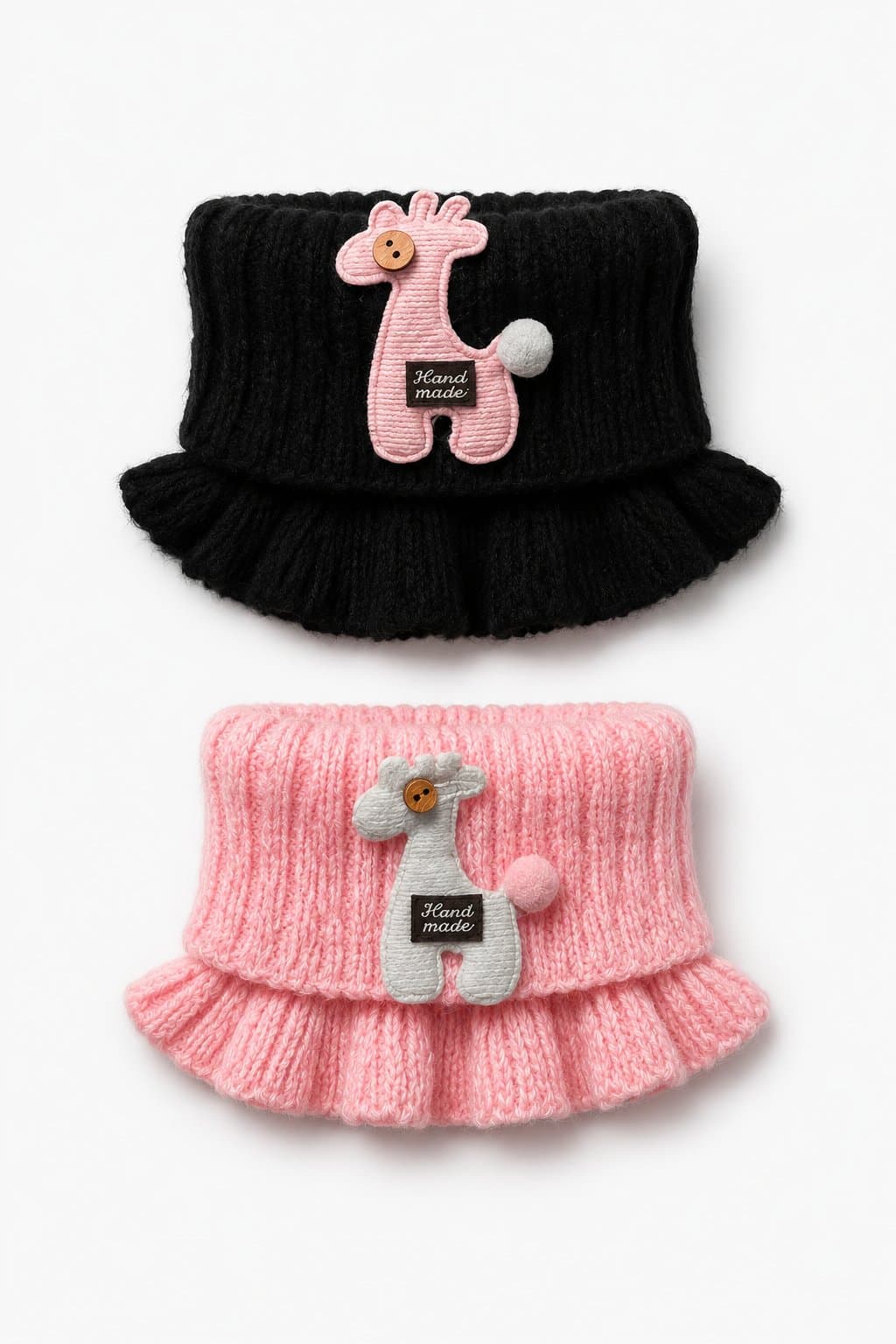 TEJIDOS PARA CUELLOS CON APLIQUE DE JIRAFA (NEGRO Y ROSADO) — accesorio para niña