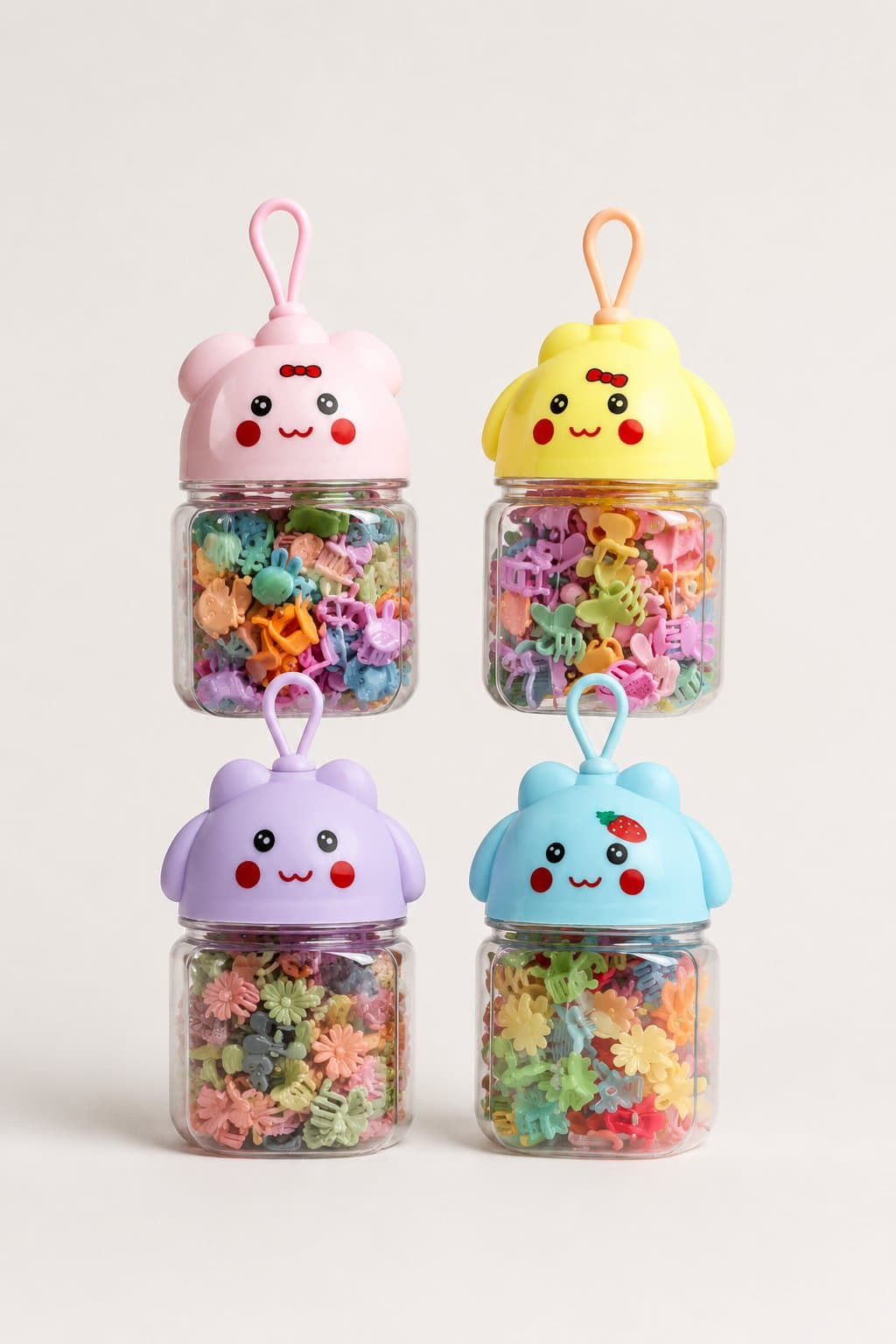 GANCHOS DE CABELLO EN FRASCO CARITA KAWAII (4 COLORES) — accesorio para niña