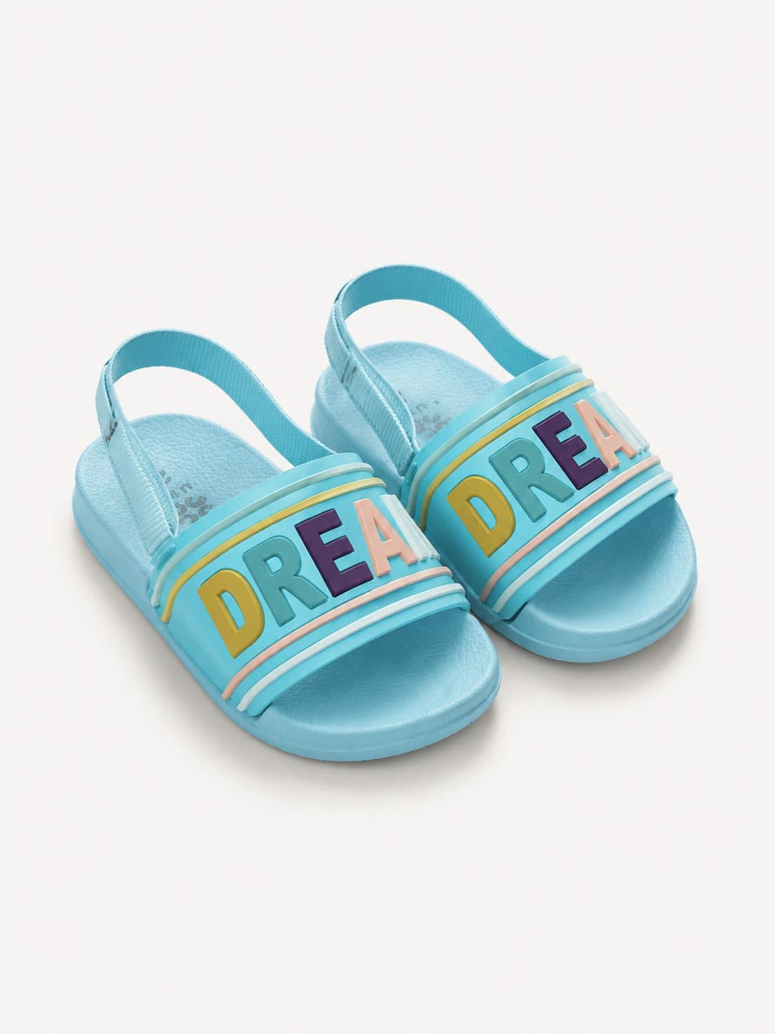 SANDALIAS SLIDE CELESTE CON ESTAMPADO "DREAM" — zapatos para niña