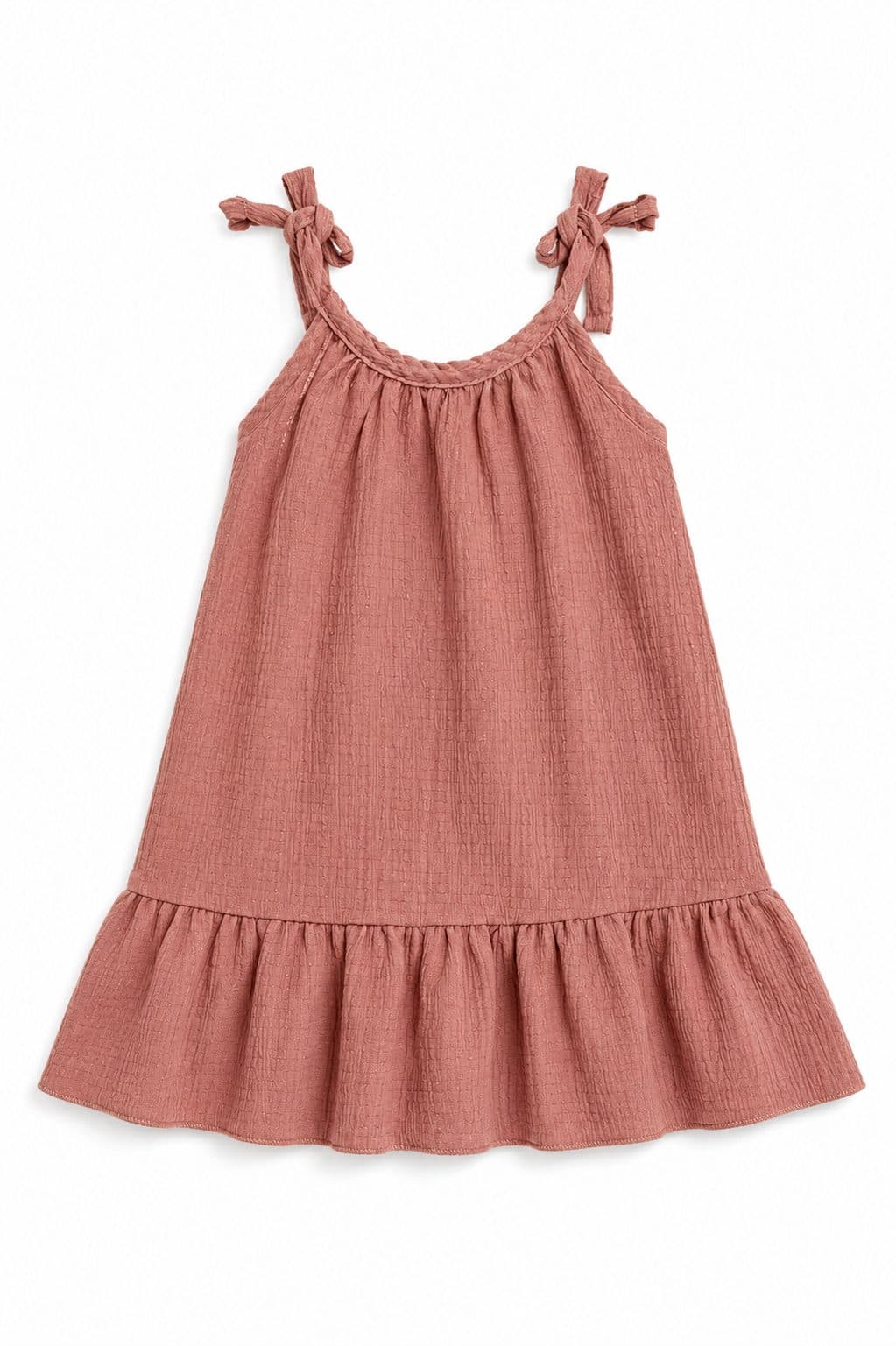 VESTIDO TERRACOTA CON TIRANTES ANUDADOS Y VOLANTE — vestido para niña