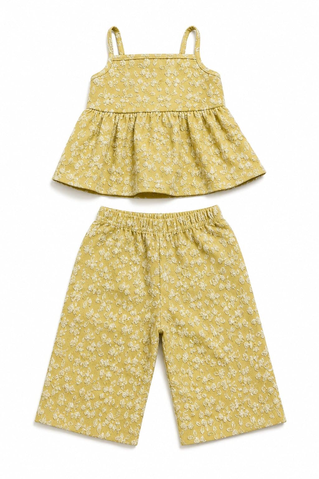 CONJUNTO TOP Y CULOTTE JACQUARD FLORAL MOSTAZA — vestido para niña