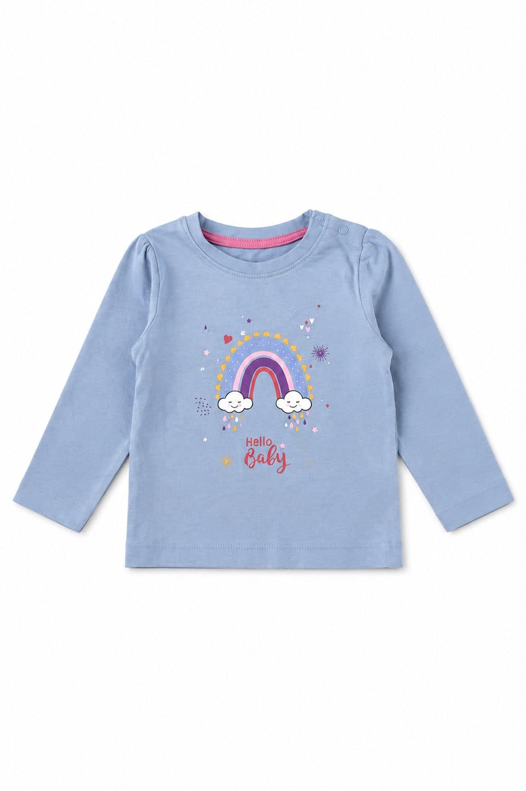 POLO MANGA LARGA CELESTE CON ESTAMPADO "HELLO BABY" DE ARCOÍRIS — polo para niña