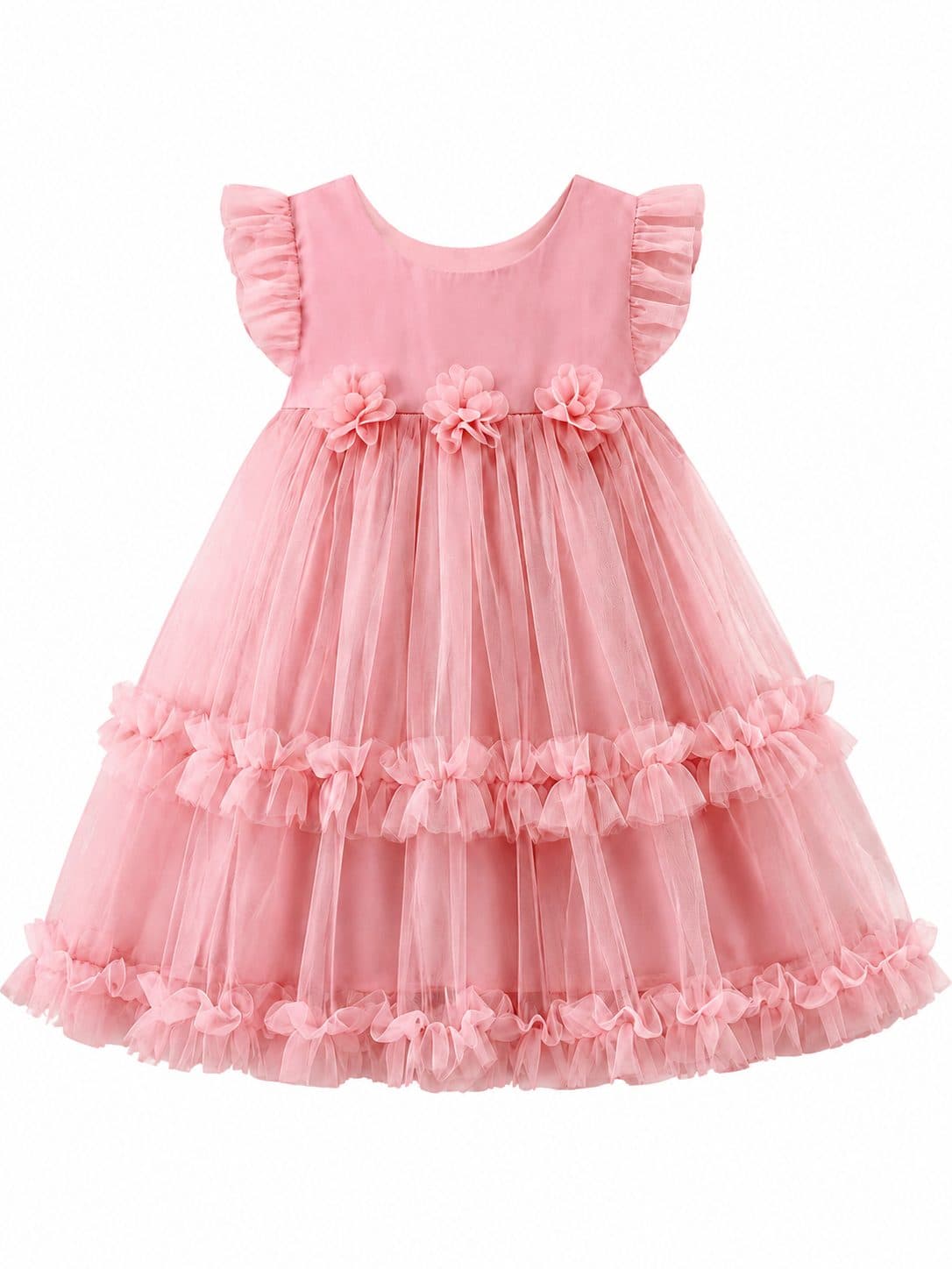 VESTIDO ROSADO DE TUL CON FLORES Y VOLANTES — vestido para niña