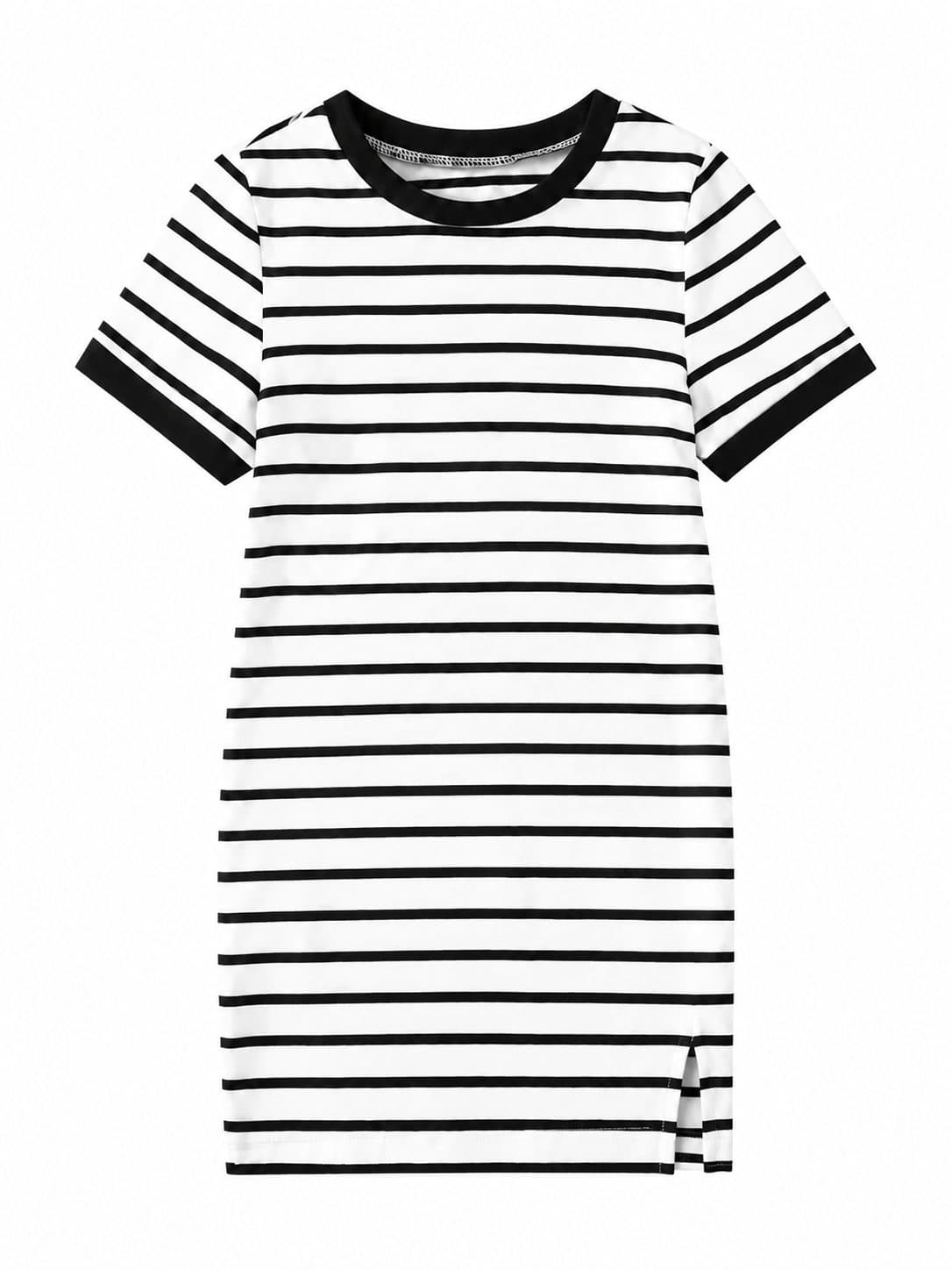 VESTIDO CAMISETERO BLANCO A RAYAS NEGRAS — vestido para niña