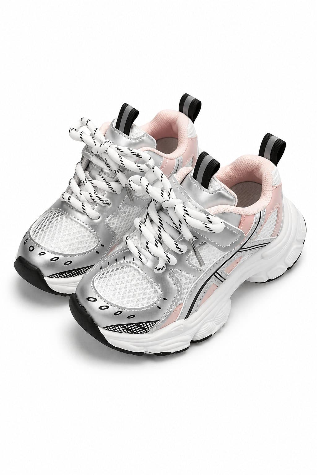 ZAPATILLAS PLATEADAS CON DETALLES ROSADOS — zapatos para niña