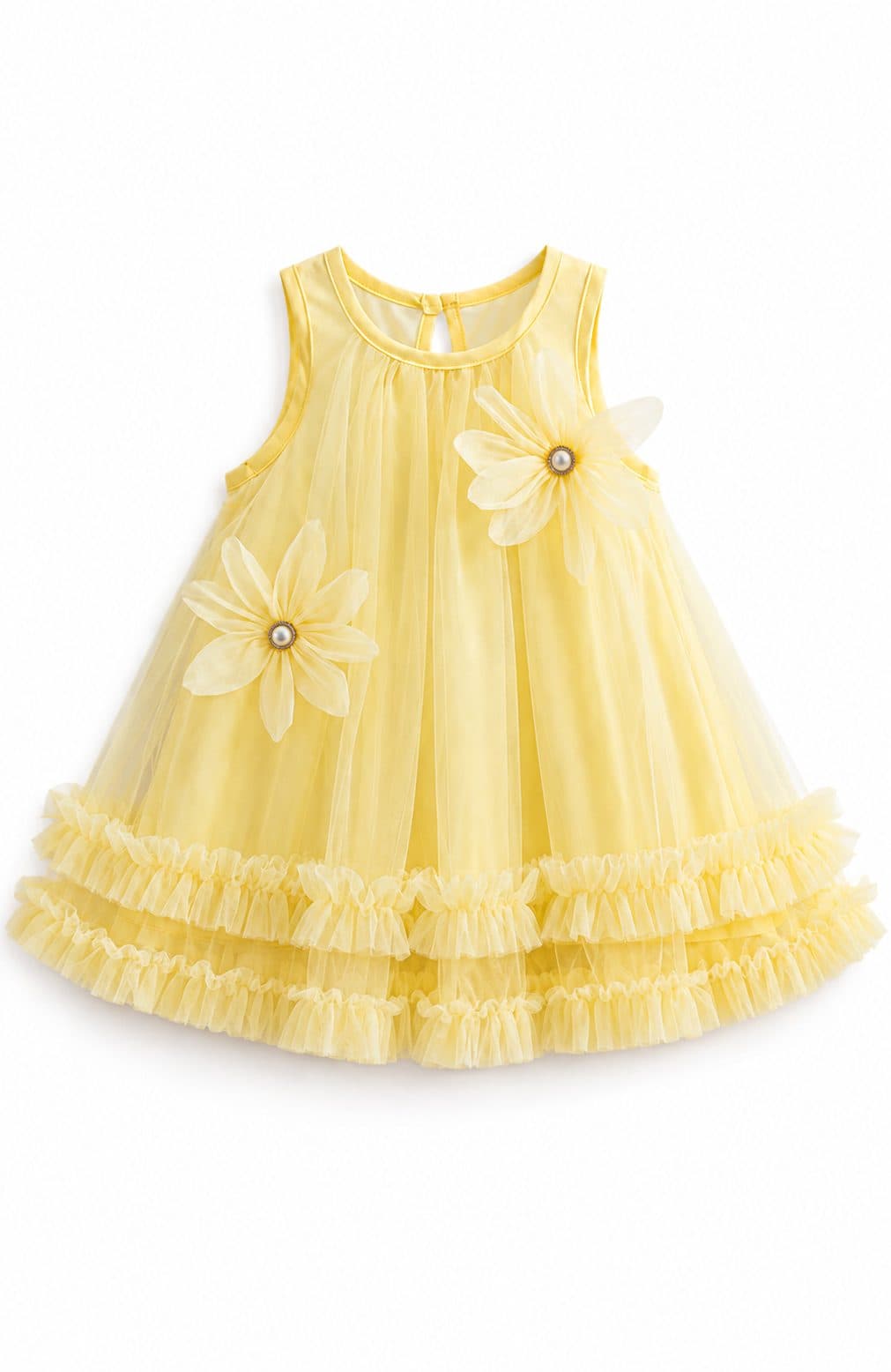 VESTIDO AMARILLO DE TUL CON FLORES Y PERLAS — vestido para niña