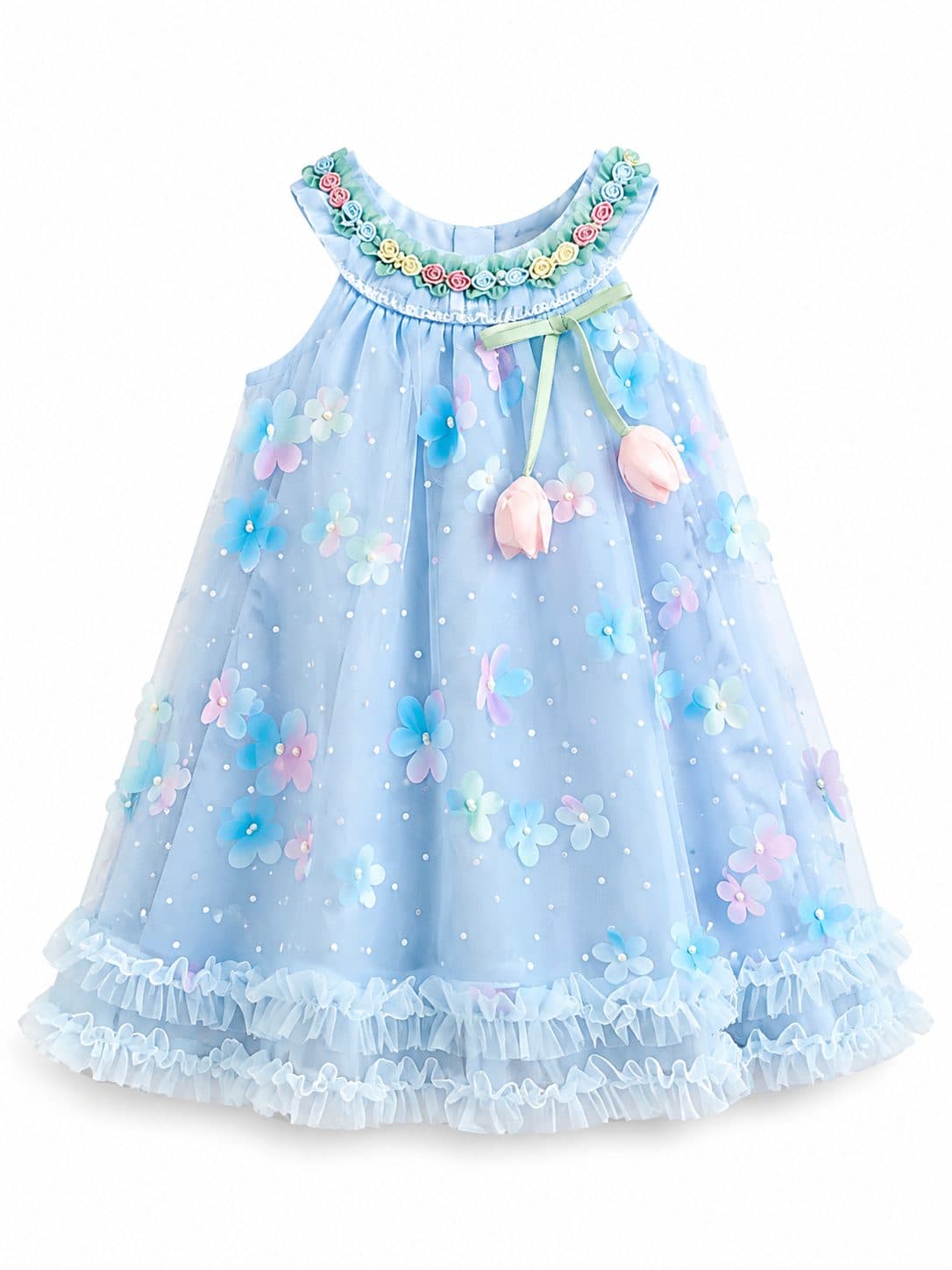 VESTIDO NIÑA CELESTE FLORES 3D TUL — vestido para niña