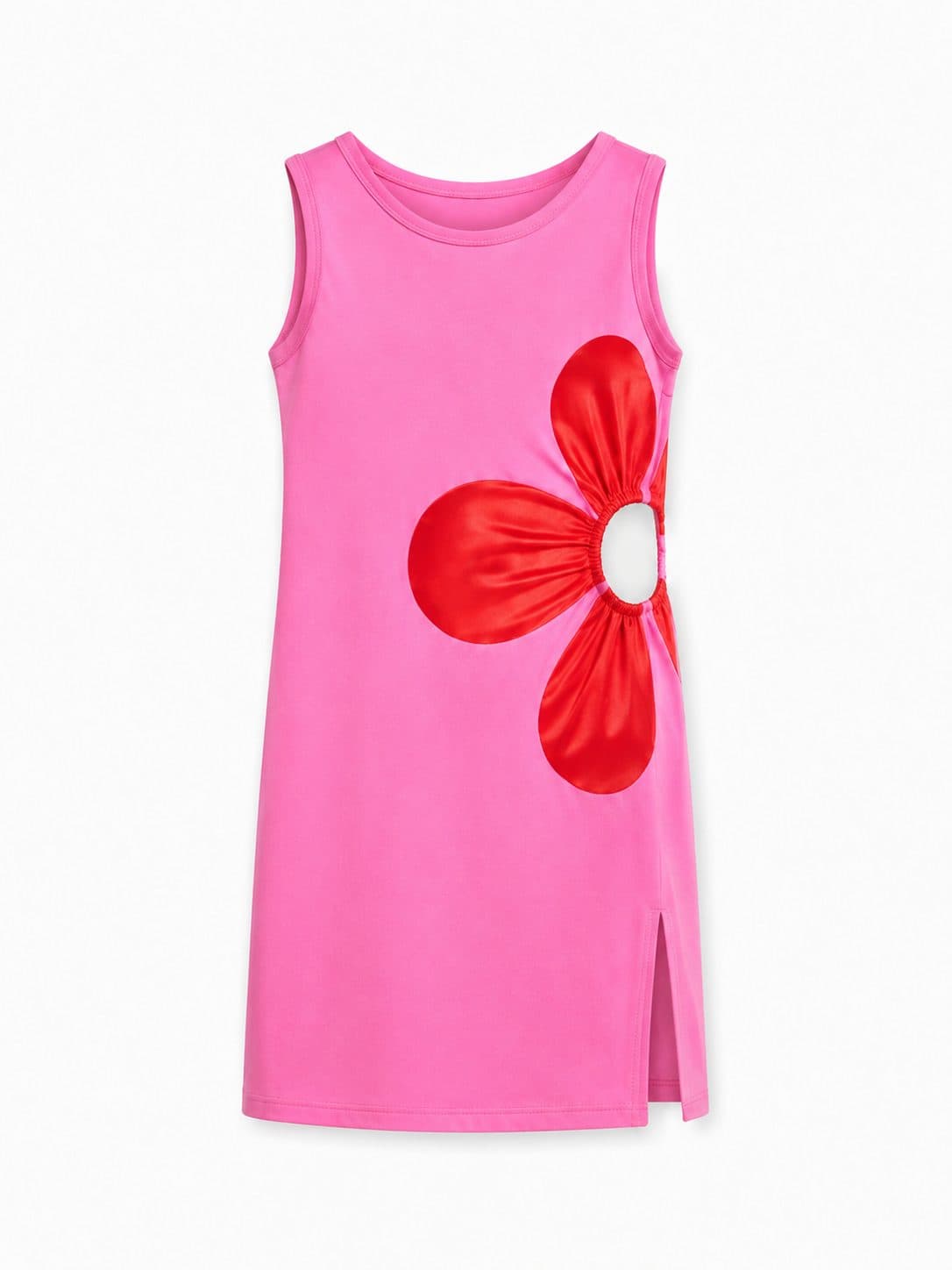 VESTIDO NIÑA FUCSIA FLOR ROJA CON ABERTURA — vestido para niña