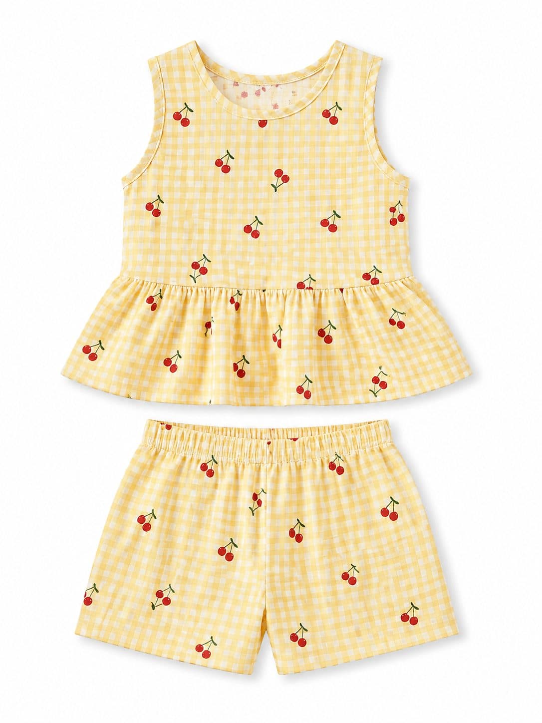 CONJUNTO NIÑA CUADRILLÉ AMARILLO CON CEREZAS — conjunto para niña
