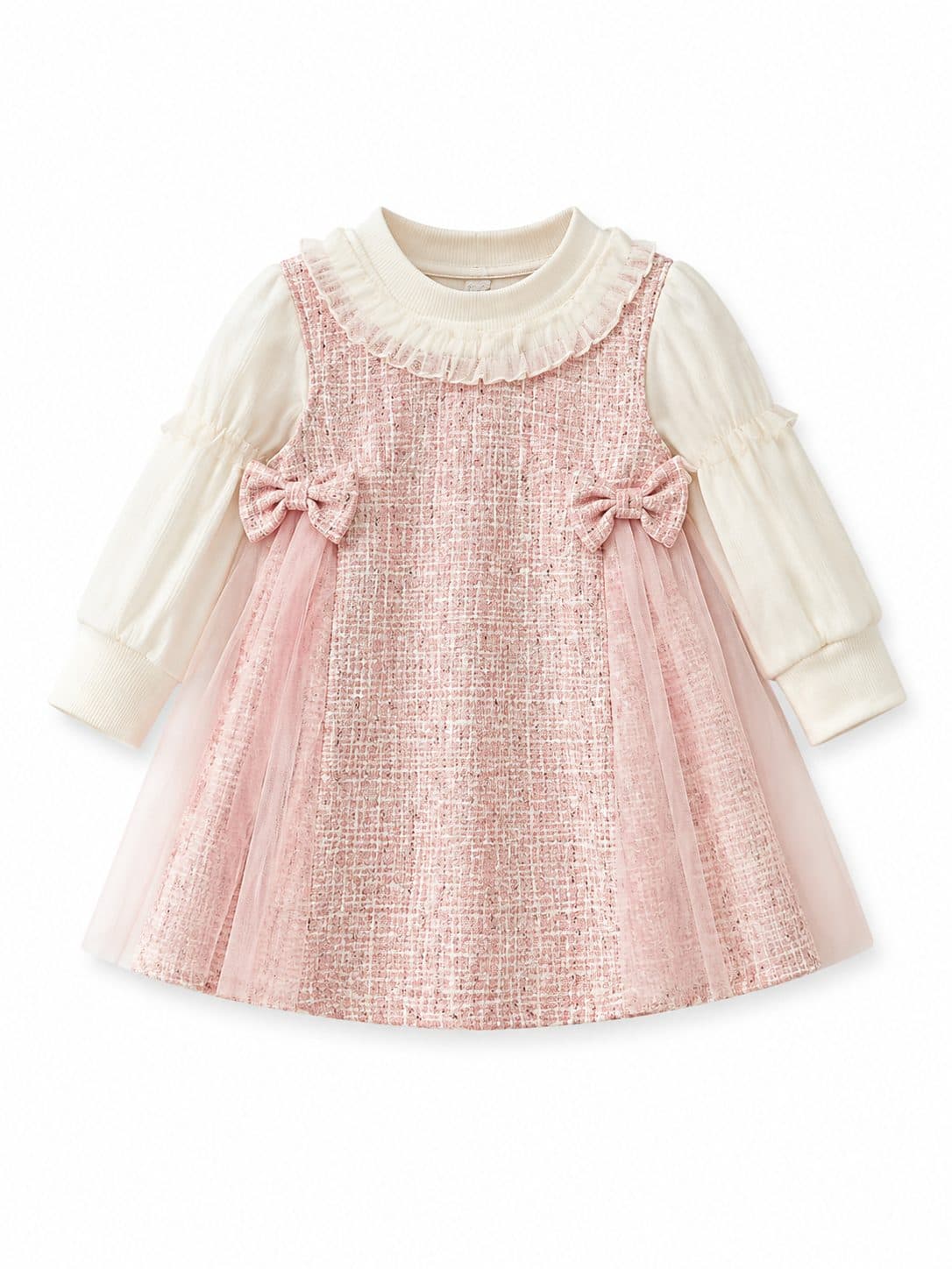 VESTIDO TWEED ROSA CON TUL Y LAZOS — vestido para niña
