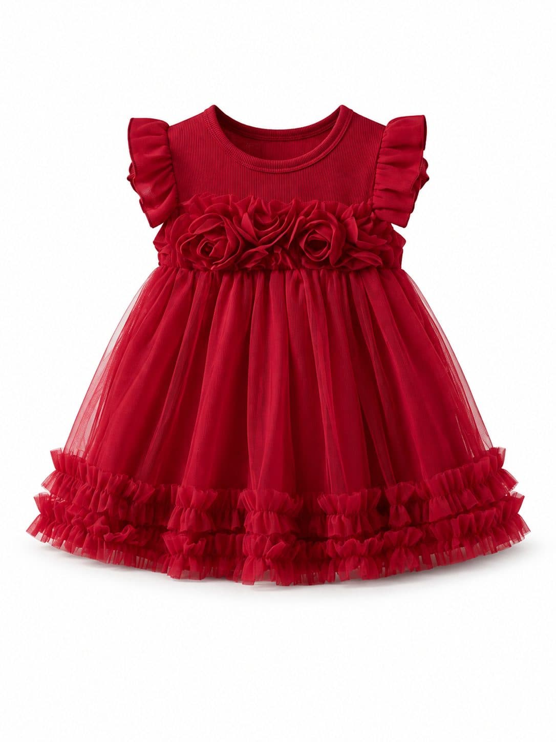 VESTIDO ROJO TUL CON ROSAS 3D — vestido para niña